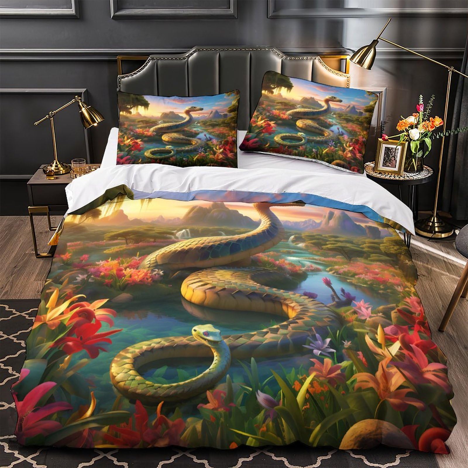Mythische Schlange 3-teiliges Reines Polyester Fantasy Landschaftskunst Bettbezugset, Versteckter Reißverschluss, Für Kleinkinder, Babysicher & Gifffrei, Pflegeleicht King（220x240cm）