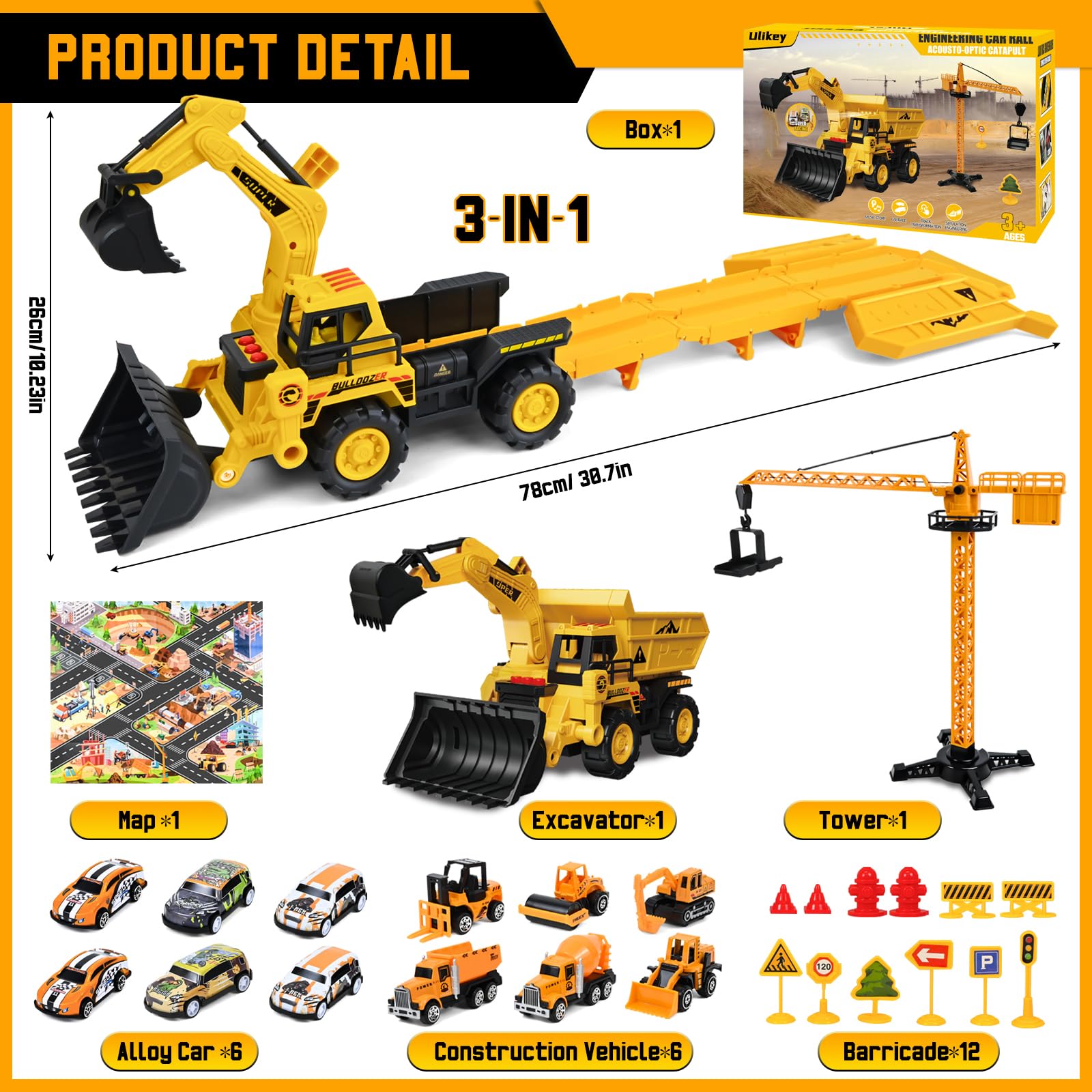 Joellfuner Vehículos de Construcción para Niños, Construcción Camión Vehículos de Juguete para Niños con Efectos de Música y Luces, Excavadora de Juguete Transformable Regalo para 4 5 6 7 8 9 + Años