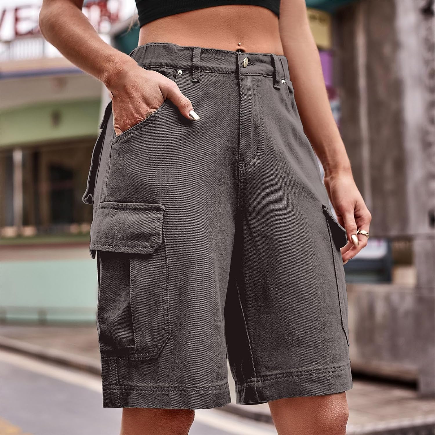 Women's Cargo Denim Shorts Knee Length Summer Baggy Elastic High Waisted Wide Leg Jean Shorts with 4 Pockets 2026