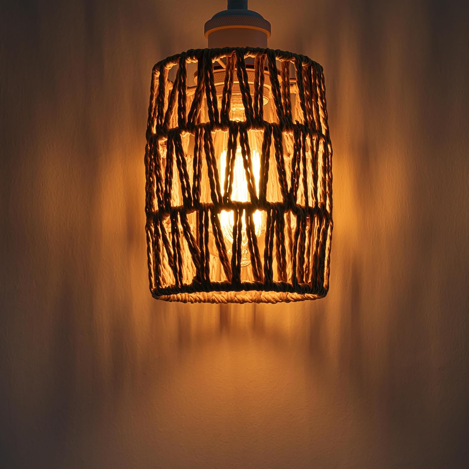 Adjustable Wall Light, Zipper Switch 12V RV Twine Natural Boho Hollow-Carved Designed Rattan Shade, E12 Socket Semi Flush Mount Interior Lighting Decorative for RV Camper Hallway 2 Pcs