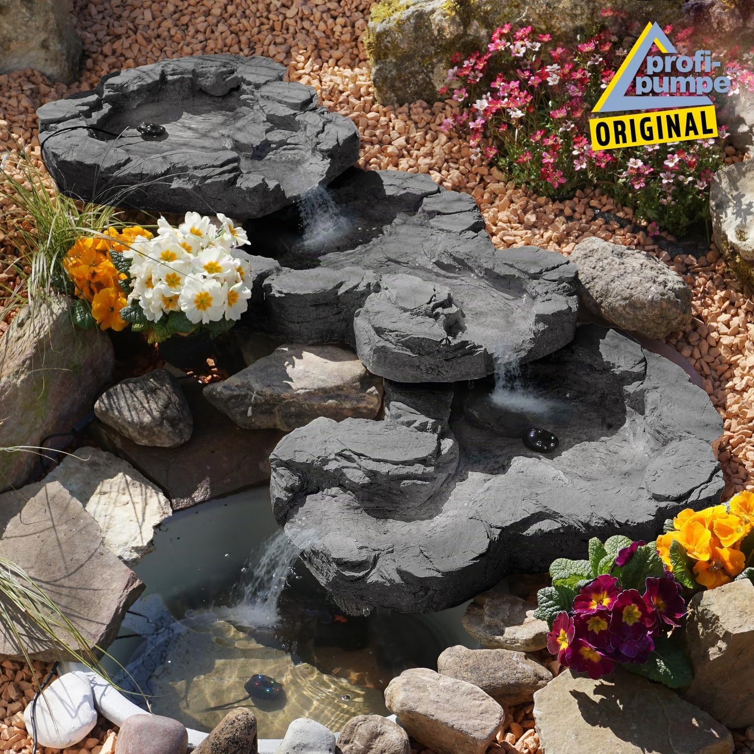 BACHLAUF QUELLBACH II con LED, 230V, Cascada de Agua, Fuente de Agua - Cuenco de manantial con Aspecto de Piedra Natural para jardín, Estanque de jardín, Estanque (Juego - Gris Oscuro)