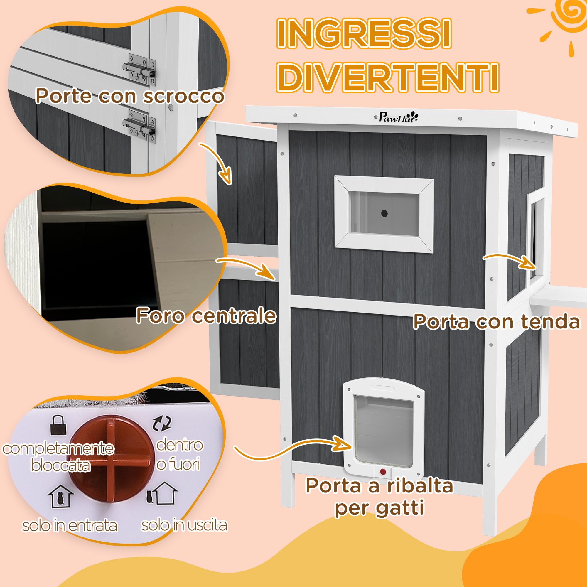 PawHut Cuccia Gatto Esterno in Legno di Abete a 2 Piani, Casetta per Gatti da Esterno con Tetto Apribile e Impermeabile, 60x60x90.5cm