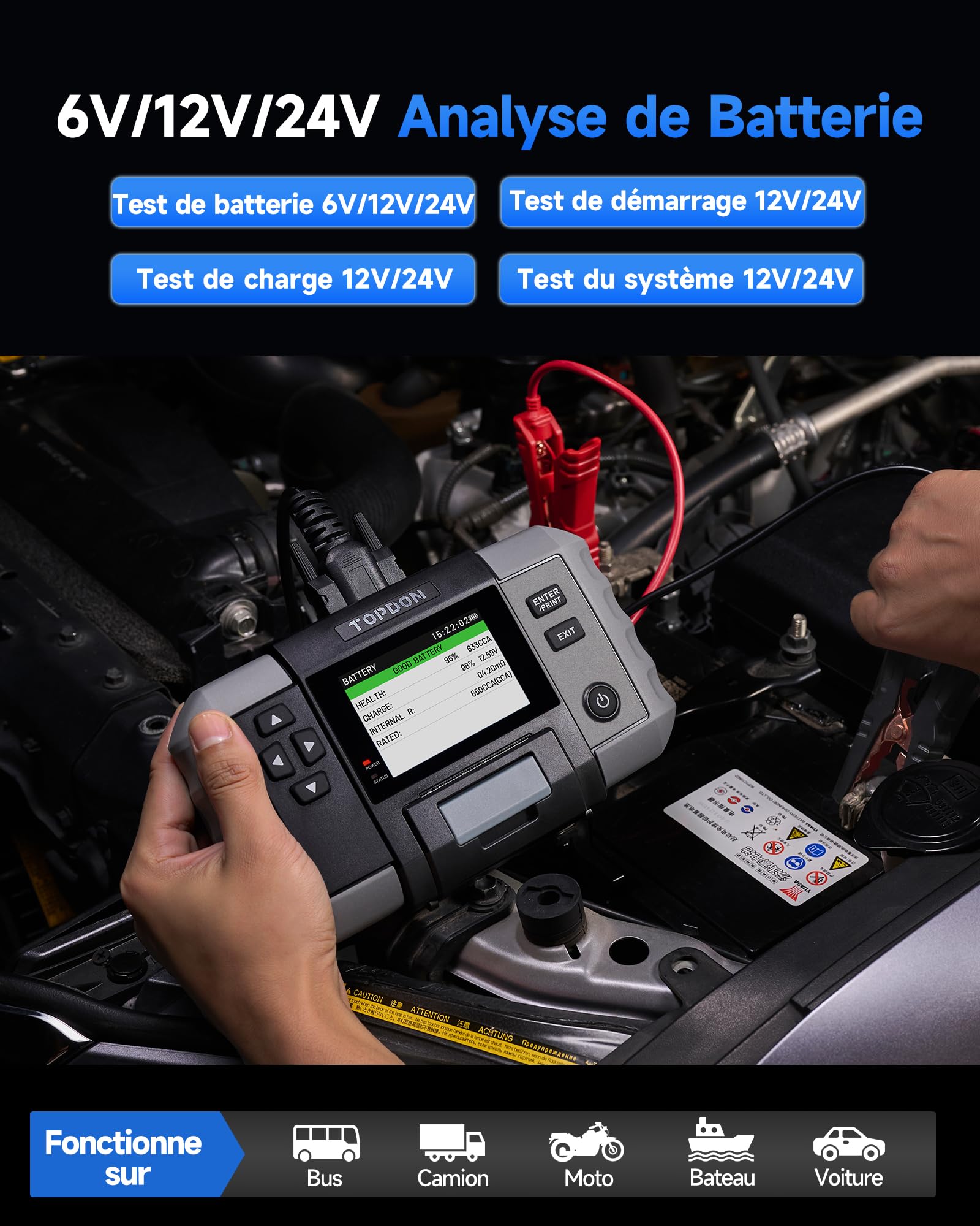 TOPDON BT600 Plus Testeur de Batterie Voiture 6V 12V 24V, Analyseur de Batterie avec Tests Démarrage/Charge/Système 12V/24V, Tests Résistance et Séquence, Écran 3,5", Batterie Intégrée et Imprimante