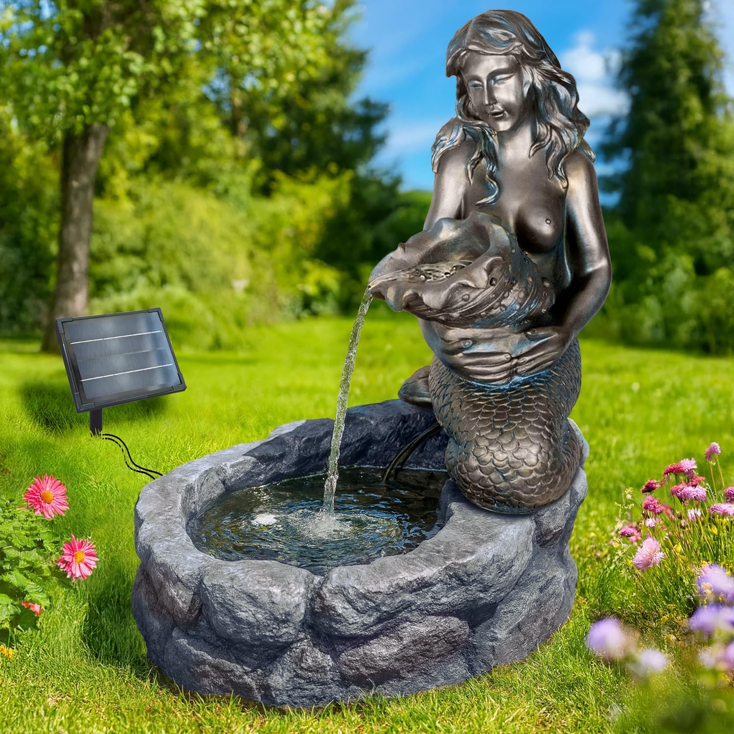 Profi-Pumpe® Sirena nello stagno-3 | Fontana solare decorativa per giardino e terrazza | Batteria agli ioni di litio 5 W e luci LED | Funzionamento nuvoloso e notte | Telaio in alluminio infrangibile