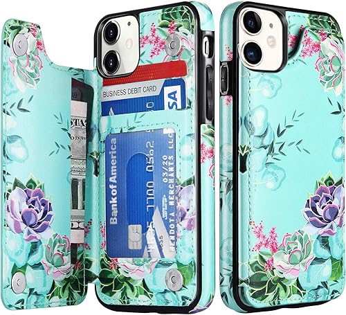 LETO Funda para iPhone 12, iPhone 12 Pro, funda tipo cartera de cuero con diseño floral de moda para niñas y mujeres, con ranuras para tarjetas