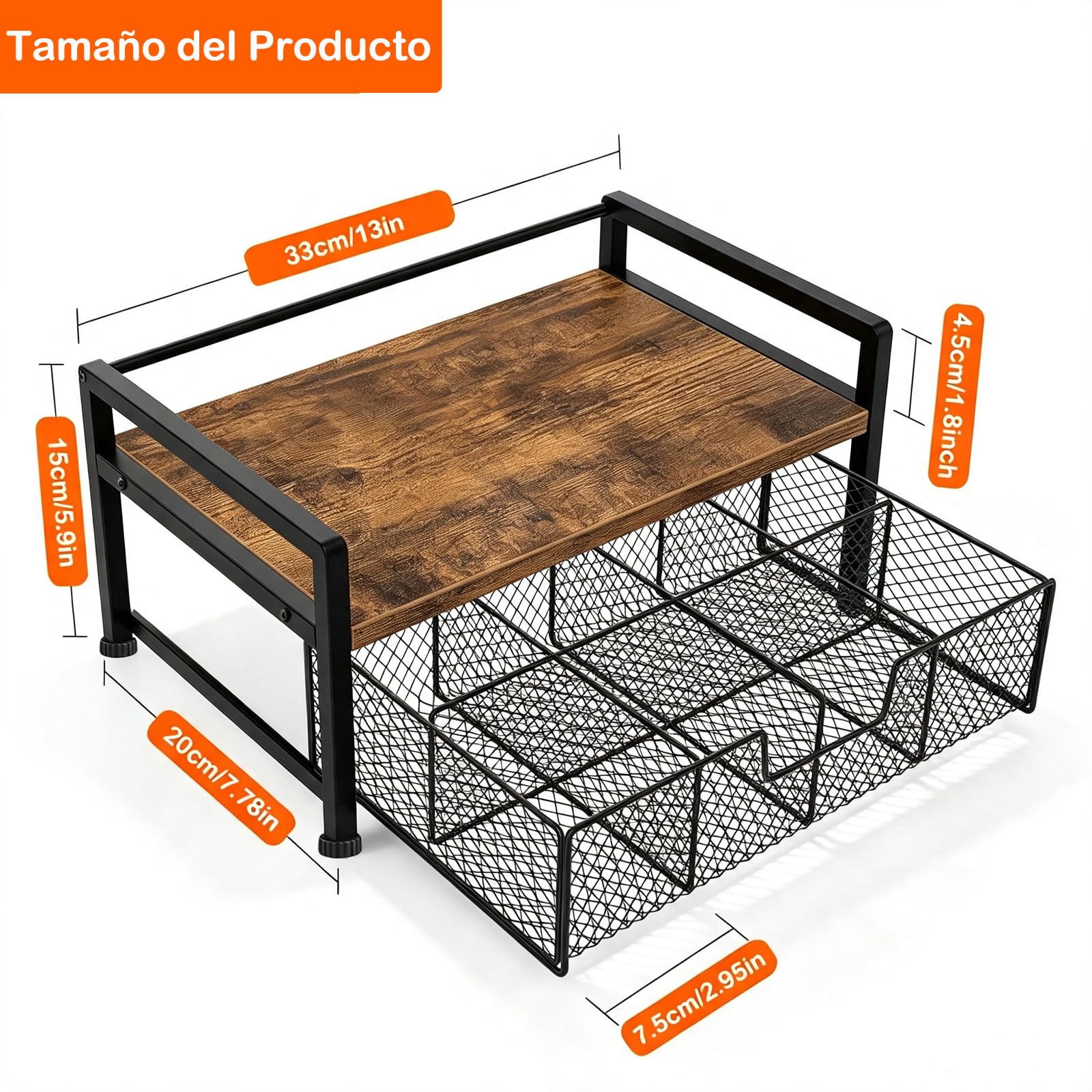 Caja de Té Infusiones con 8 Compartimentos, Organizador de Té de Madera y Metal con Cajón, Caja de Almacenamiento Elegante para Té, Café, Especias, Encimera de Cocina, Porta Accesorios de Té