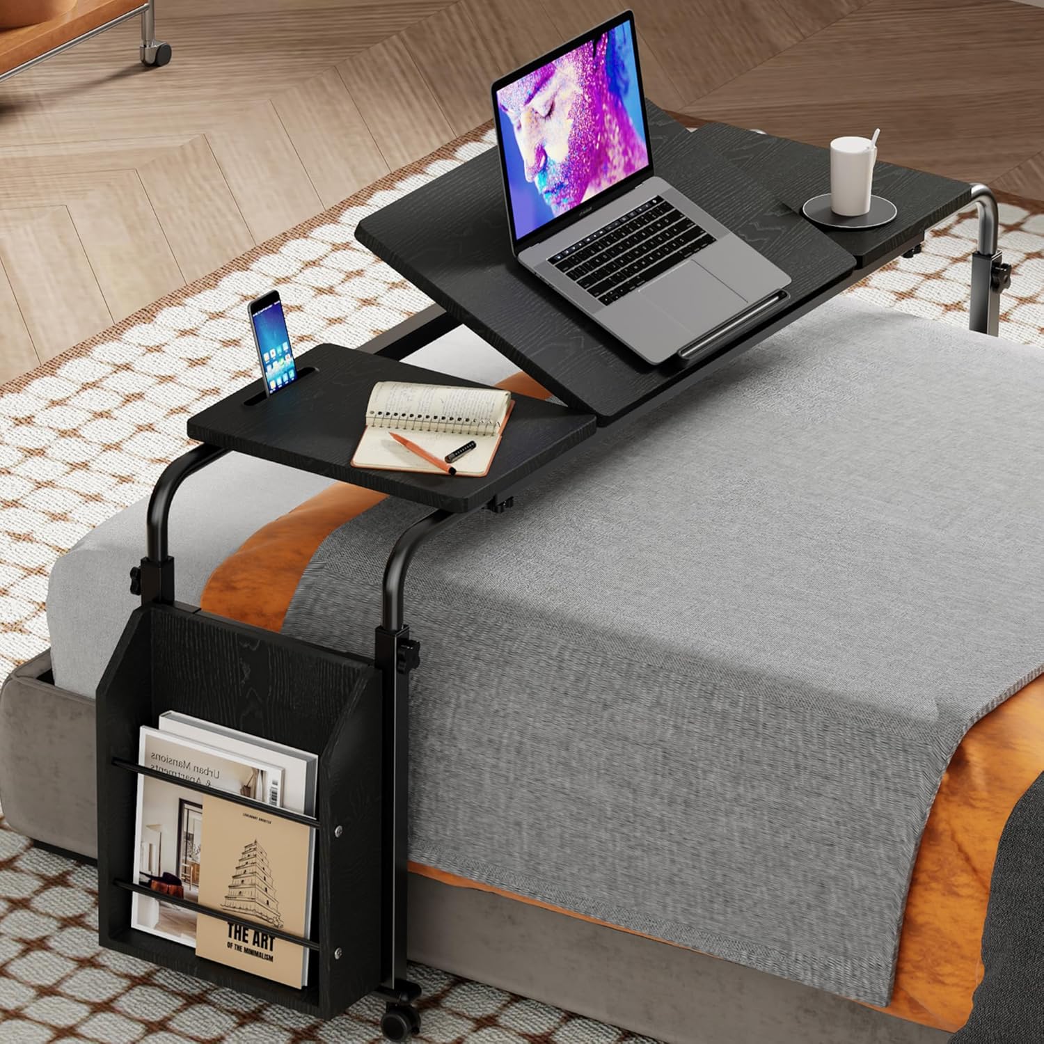 Overbed Table with Wheels, Tilting Overbed Desk Adjustable Height & Length, Queen Over Bed Table with Storage Cabinet, Rolling Laptop Desk for Bedroom, Living Room, Hospital (Black, 47.24in)
