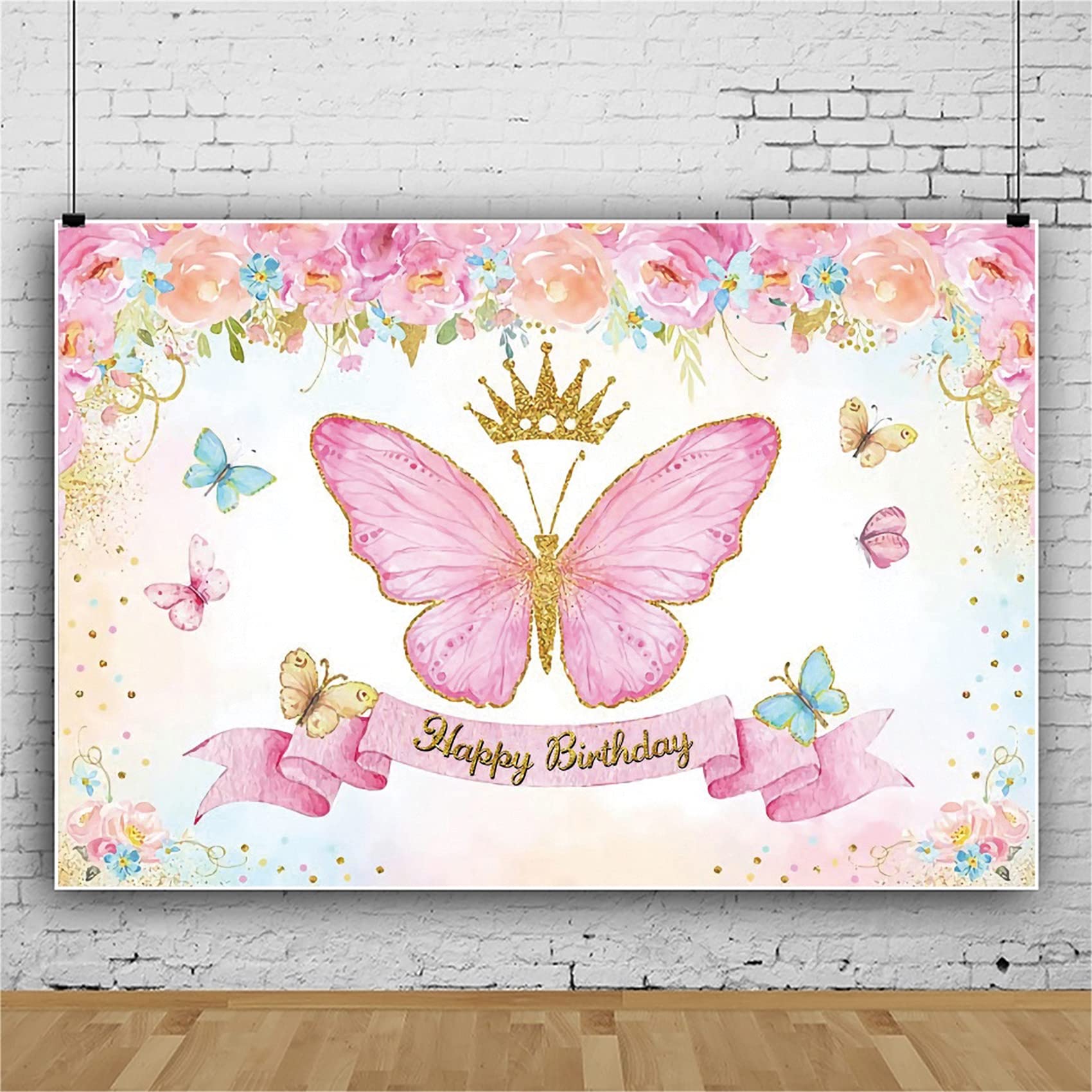 4,5x3m Sfondo di buon compleanno Farfalla Corona Ragazze Compleanno Fiori rosa in fiore sfondo fotografico Farfalla rosa Sfondo corona d'oro Bambini Ritratti Foto Studio Oggetti di scena