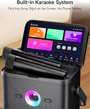 Ikarao Karaoke Machine for Adults Kids, with Lyrics Display Screen, WiFi Connect to Youtube & Karaoke App, 2 EQ Autotune Wireless Microphones Portable Karaokes PA System for Home Family Party Camping