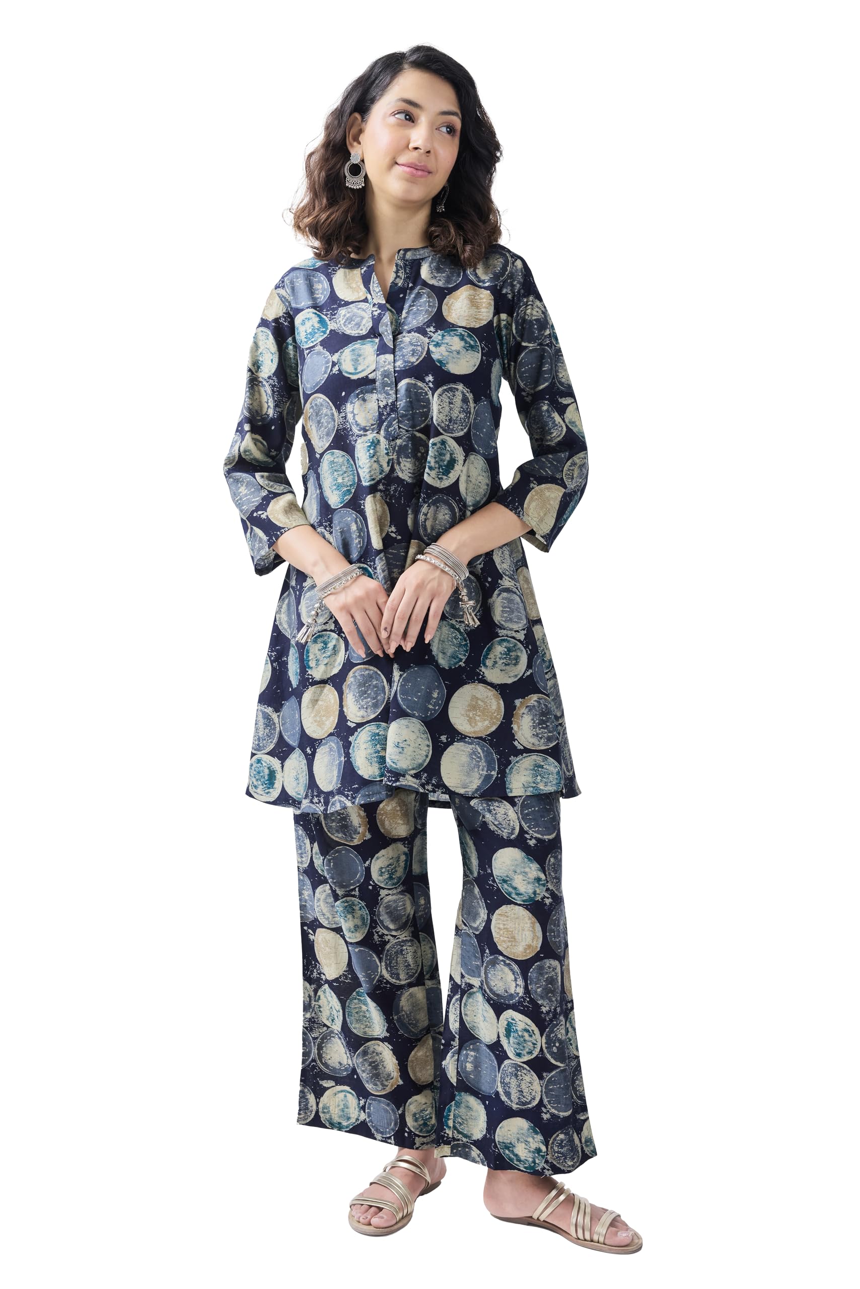 toochki Co Ord Set for Women | Two Piece Co-Ord Set | Western Co-Ords Set | Latest Women's 2 Piece Set | A line | Trendy Long | Navy Blue | Geometric Printed Payjama Set-picture-21