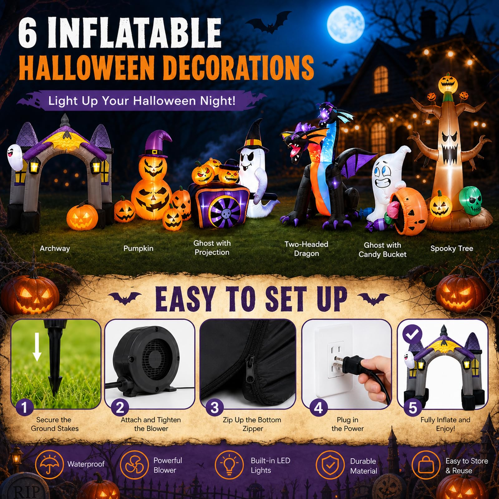 Nadmuchiwany Duch Halloween Z GłóWką Dyni, PrzyciąGająCe Wzrok Klasyczne Wzory Halloweenowe, Do Ogrodu, Na Trawnik, Taras, PodwóRko B