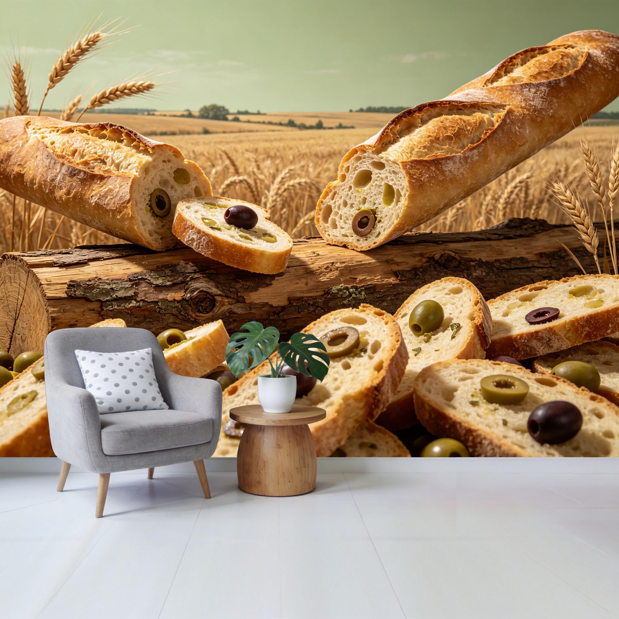 Qzlithotic Yq2605250556 Custom Size Wall Mural Rustic French Baguette Olive Slices Wheat Field Farmhouse Style Selfadhesive Wall Fabric Removable Wallpaper For Home Office Decor