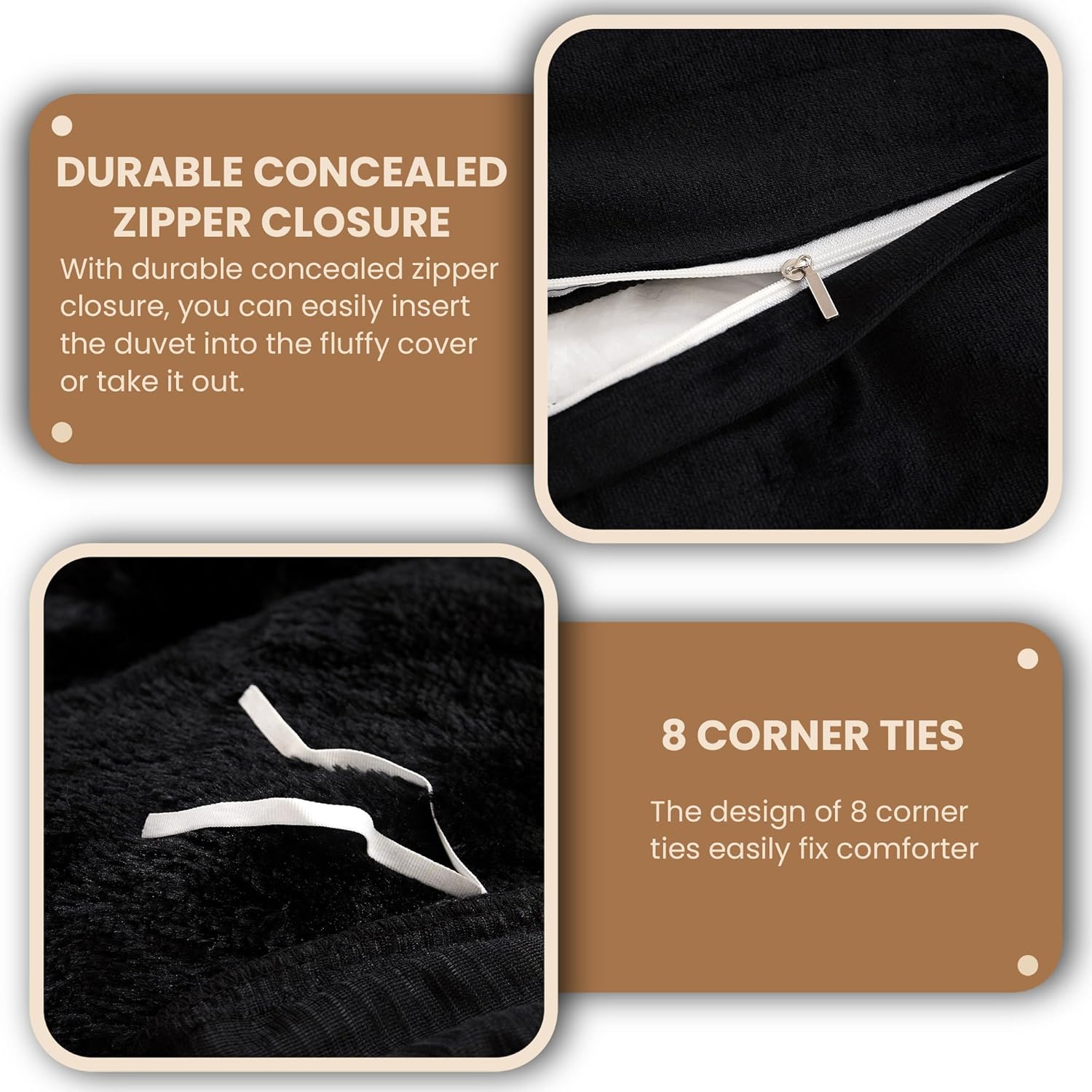 MEGO Luxury Shaggy Plush Duvet Cover Set, Ultra Soft 3 Pieces Fluffy Faux Fur Comforter Cover Set, Fuzzy Bedding Set(1 Furry Duvet Cover + 2 Pillow Shams), Zipper Closure(Queen, Black) - Image 6