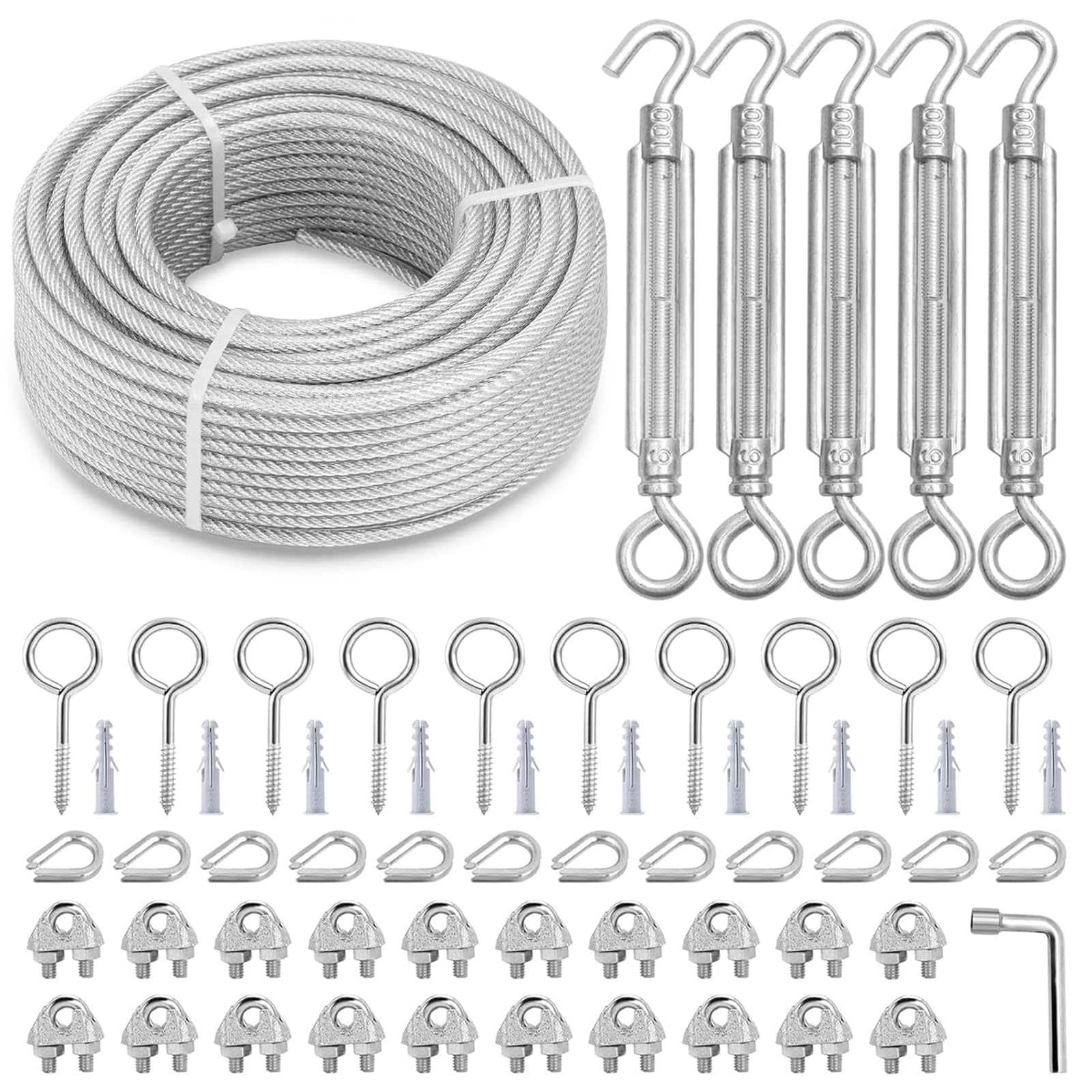 30M Drahtseil, 5MM Stahlseil Spannvorrichtung Strainer Kit mit 7×7 Strand Kern PVC-beschichtetes Stahlseil für Terrassengeländer | Treppengeländer | Kleiderseil | String Light Hanging Kit