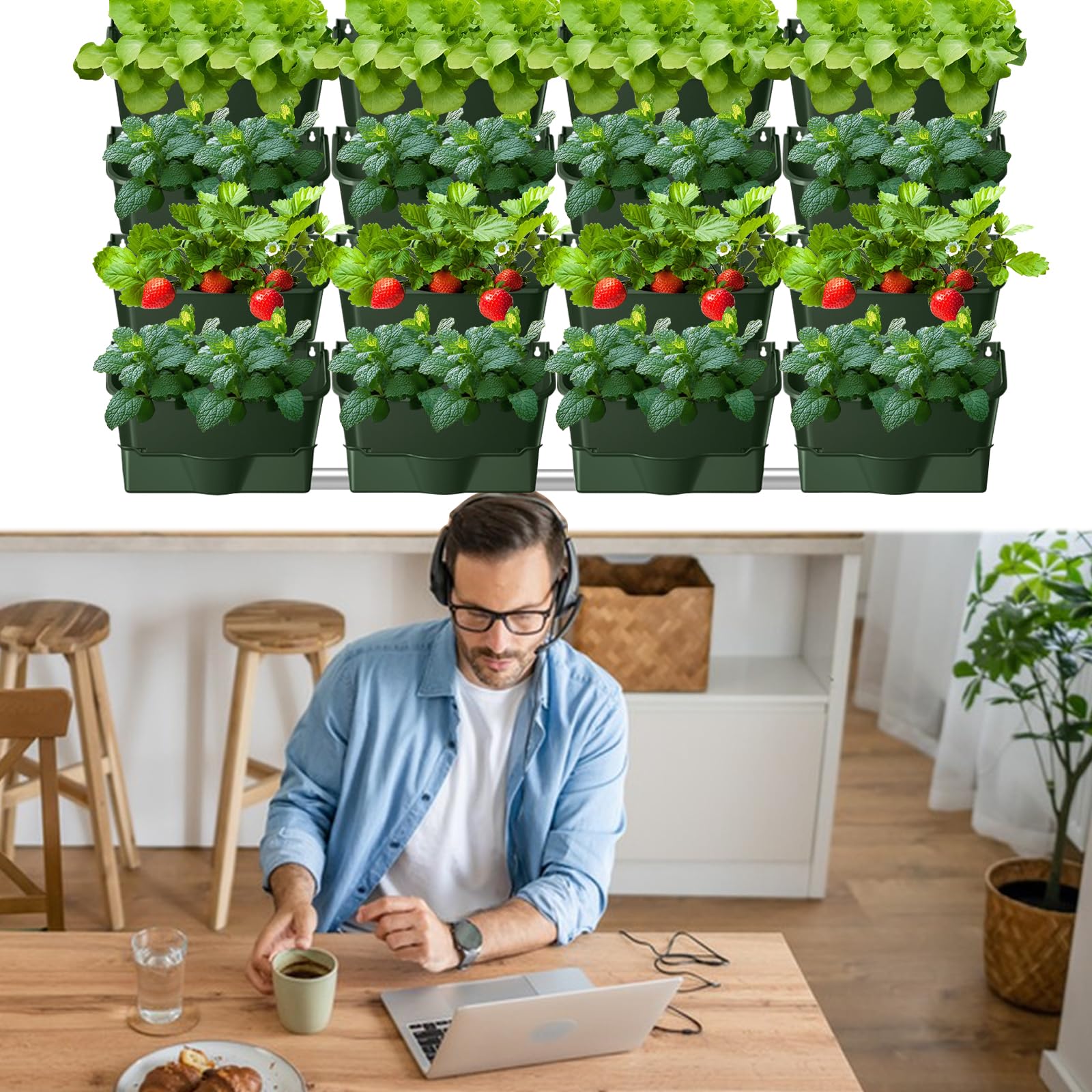 Hängende Pflanztaschen, Selbstbewässernder Wandpflanztopf, Vertikaler Garten Pflanzenwand für den Außenbereich mit 16 Töpfen, Wandmontierter Pflanztasche für Garten, Terrasse (16 Stück-Armeegrün A)