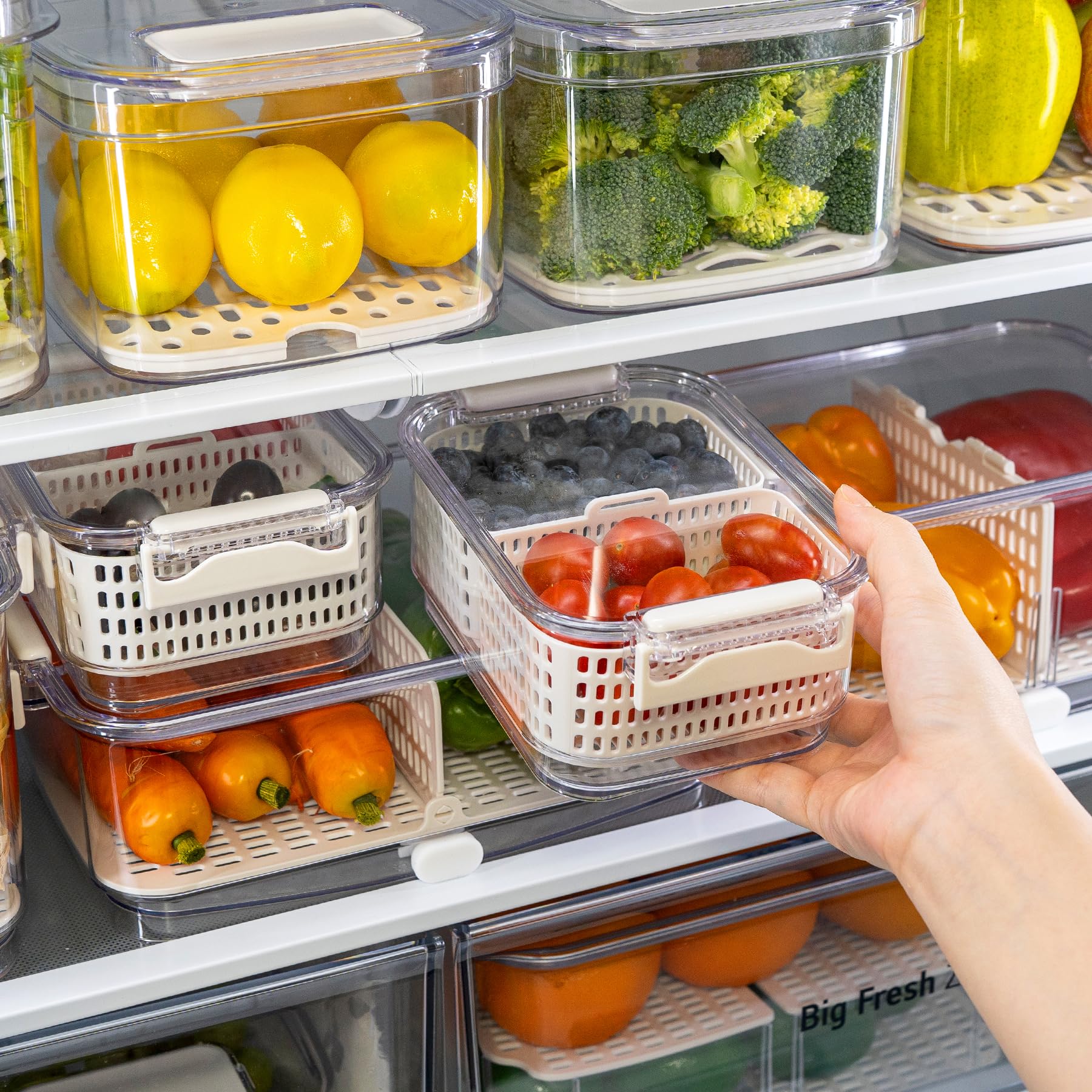 Felli Duo Fresh - Contenedor de frutas y verduras con ventilación y drenaje en la parte inferior para lavado, colador colador para refrigerador, recipiente de lechuga y bayas