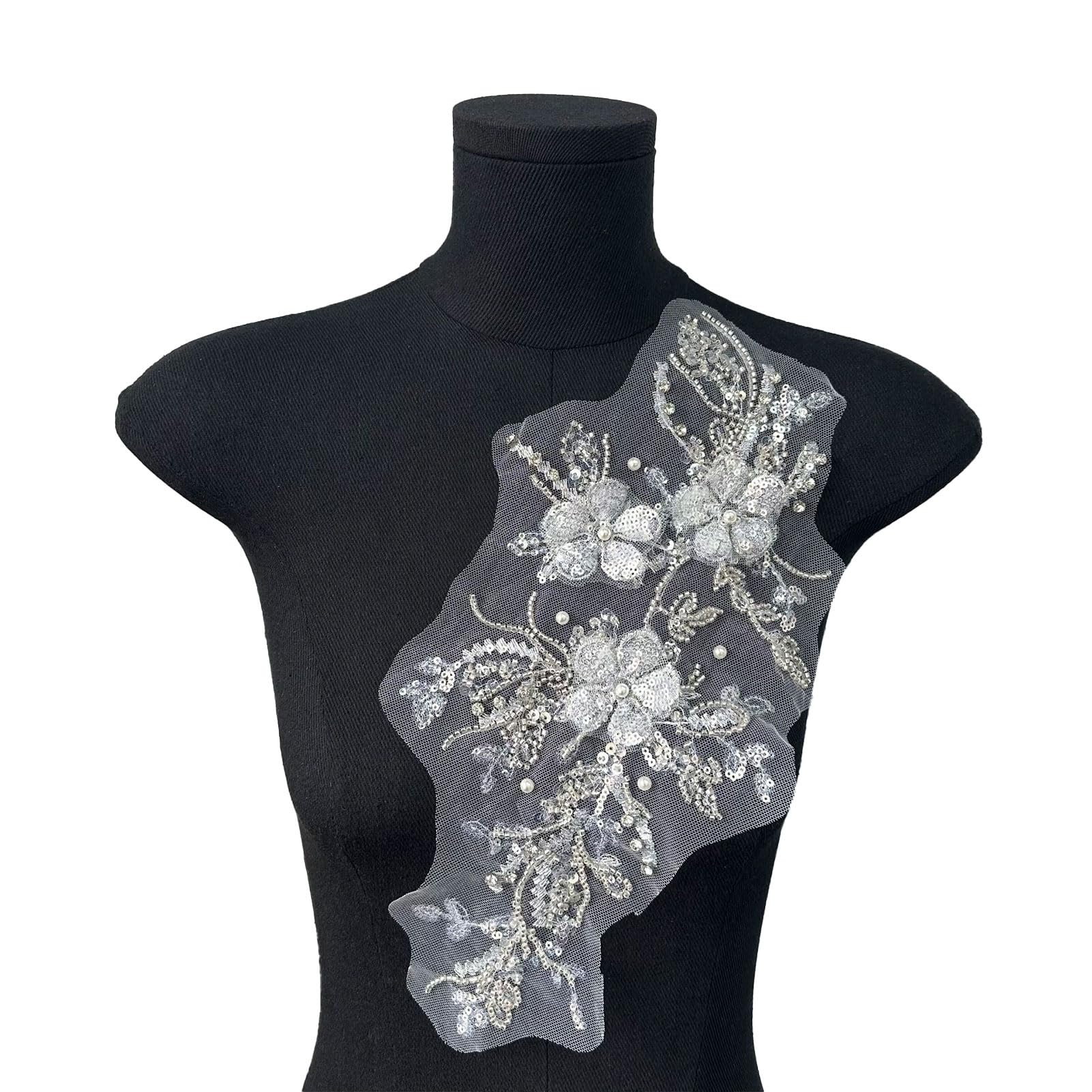 NICENEEDED Flower Embroidery Lace Applique, Sequin Beaded Embroidered Sew on Patches with Rhinestone, Polyester Lace Trim Appliques for Wedding Bridal Dress Party Gown Clothing Craft DIY