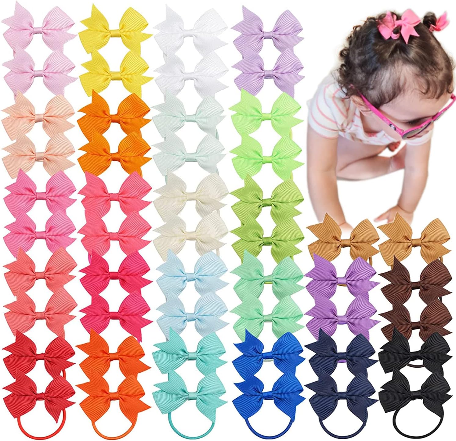 JOYOYO 50 Pcs Baby Girls Hair Bobbles Baby Hair Bows Small Hairbands - With 2 Inch Ribbon Bows In Pairs