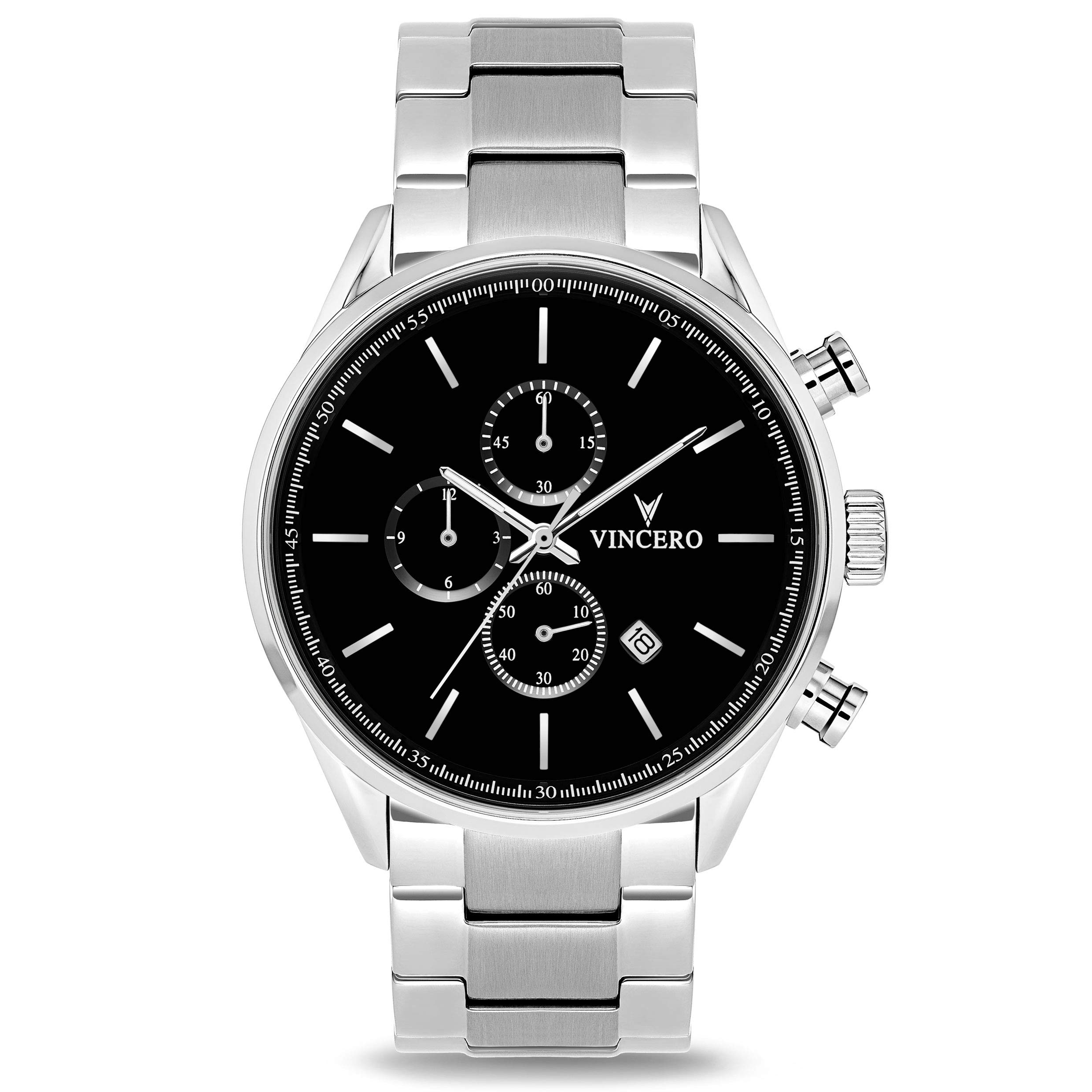 Vincero Luxury Men's Chrono S Wrist Watch - Steel Watch Band - 43mm Chronograph Watch - Japanese Quartz Movement (Black/Silver Steel)