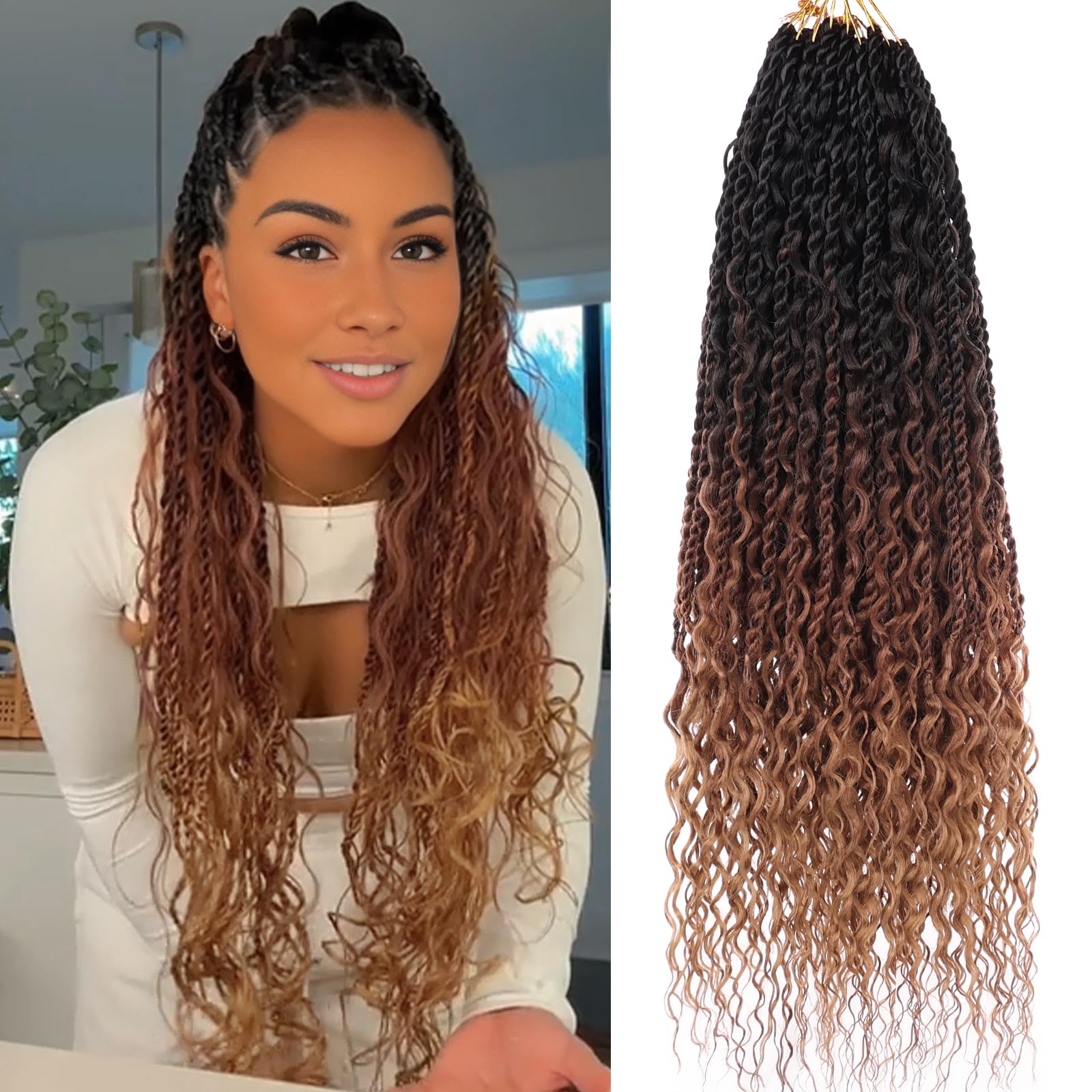 RuiYok 18 Inch Boho Senegalese Twist Crochet Hair 9 Packs Pre Looped Island Twist Crochet Braids with Curly Ends Pre-Twisted Goddess Box Twist Braids