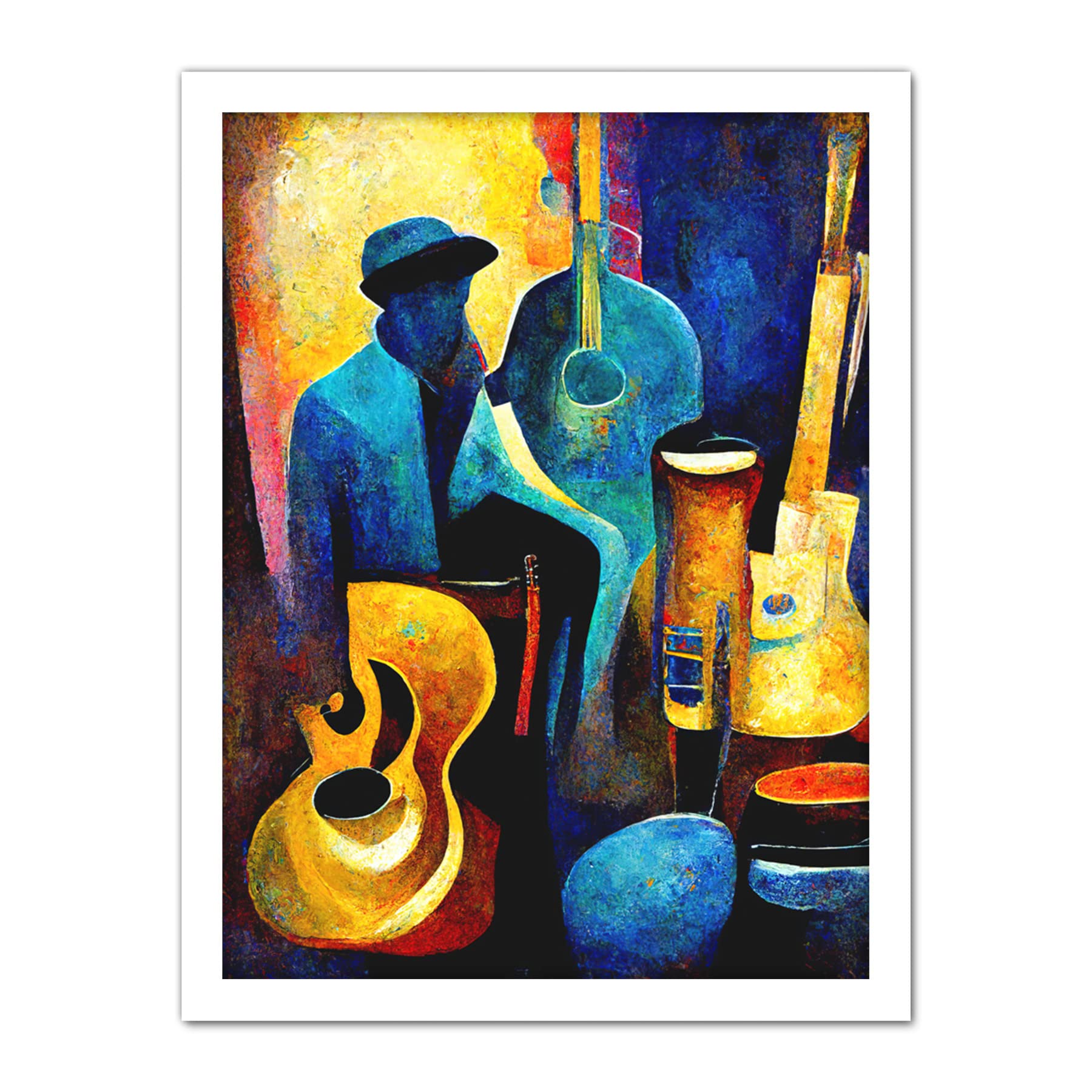 Doppelganger33 LTD Abstract Oil Painting Jazz Blues Musician With Instruments Artwork Framed Wall Art Print 18X24 Inch
