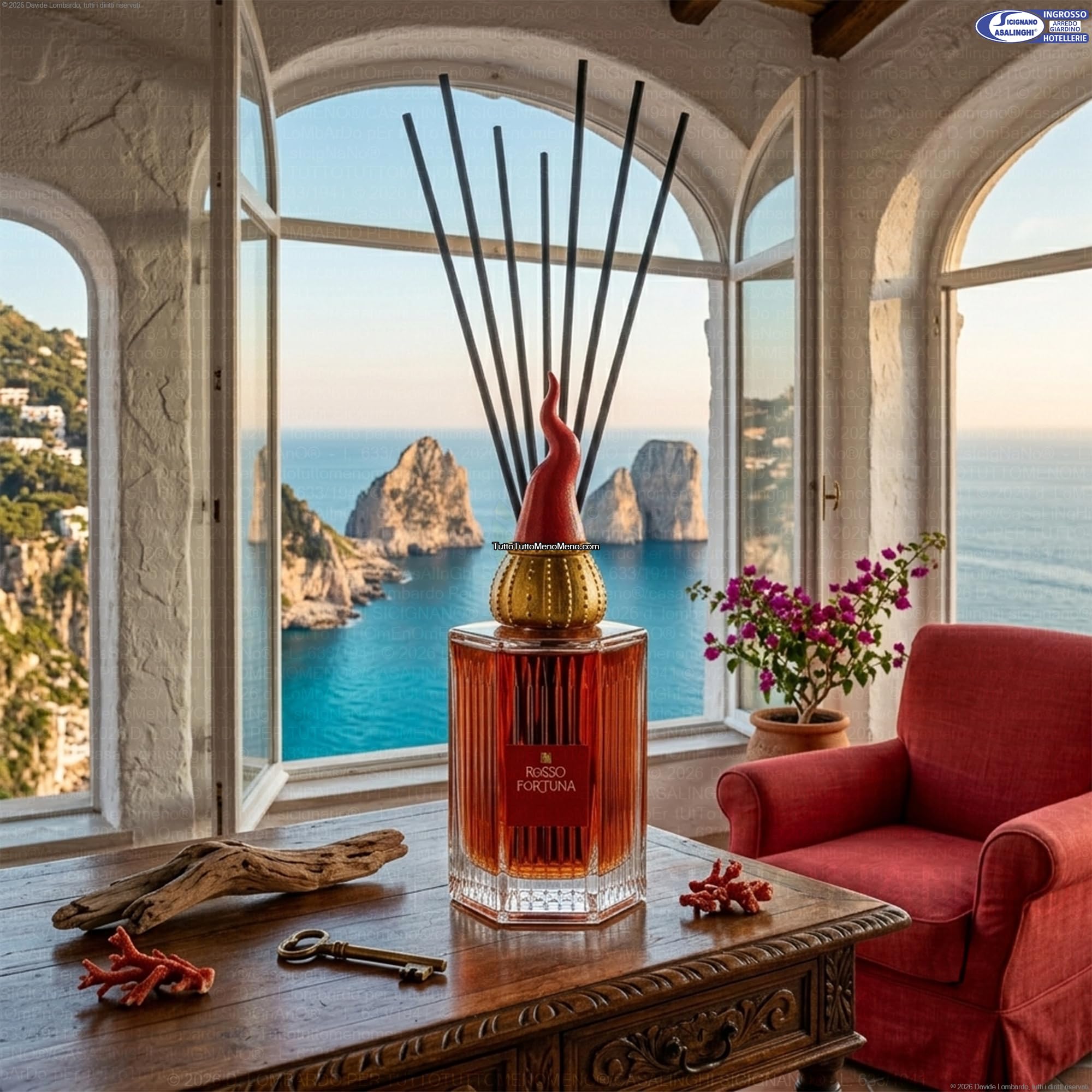 Sicignano Rosso Fortuna Diffuseur d'ambiance, 500 ml, verre strié, avec corne napolitaine, fabriqué en Italie (vanille)
