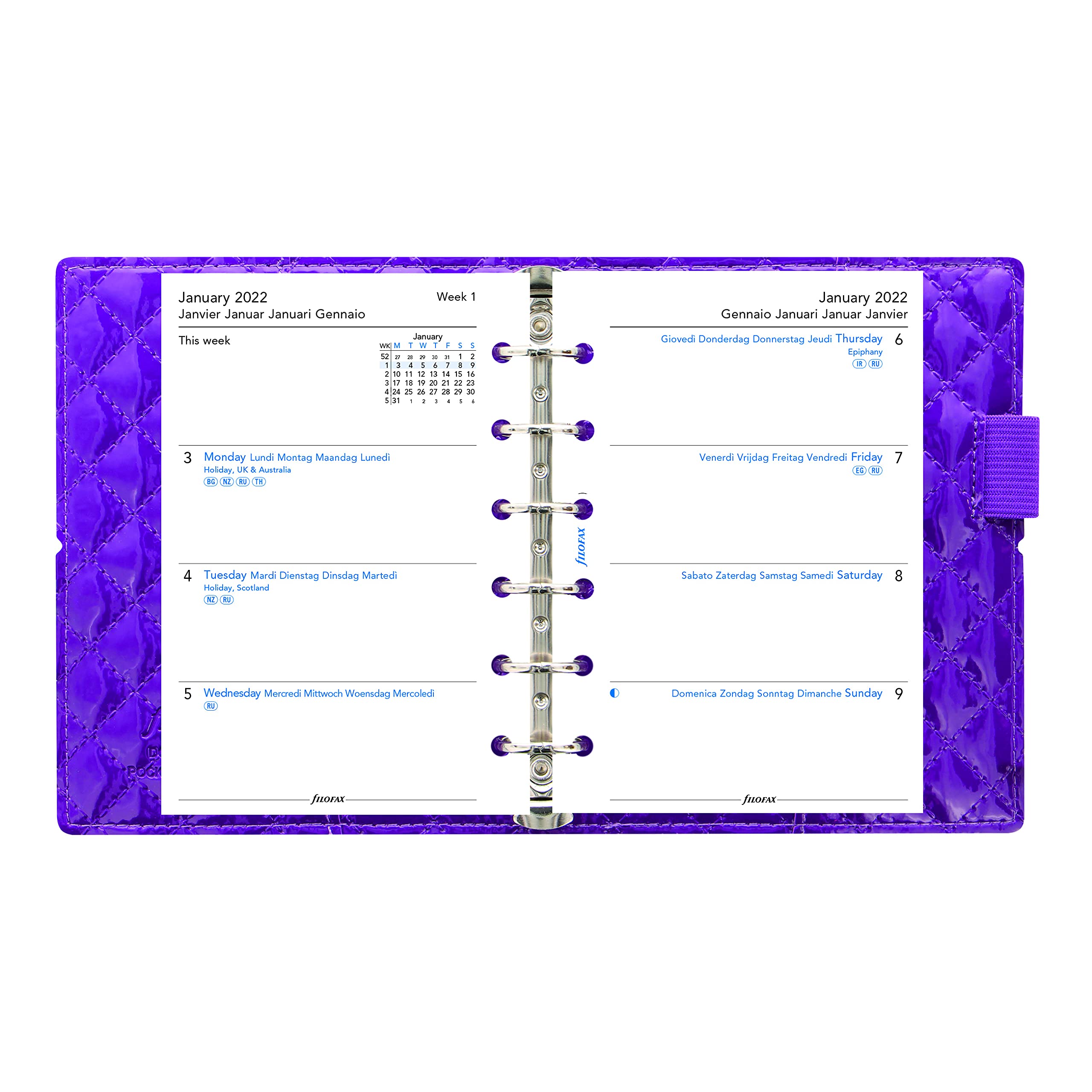 Filofax Domino Luxe Organizer, Taschengröße, Violett – Hochglanz, Bezug mit Steppeffekt, Pariser inspiriert, 6 Ringe, Wochenansicht, Kalender 2022 (C027992-22)