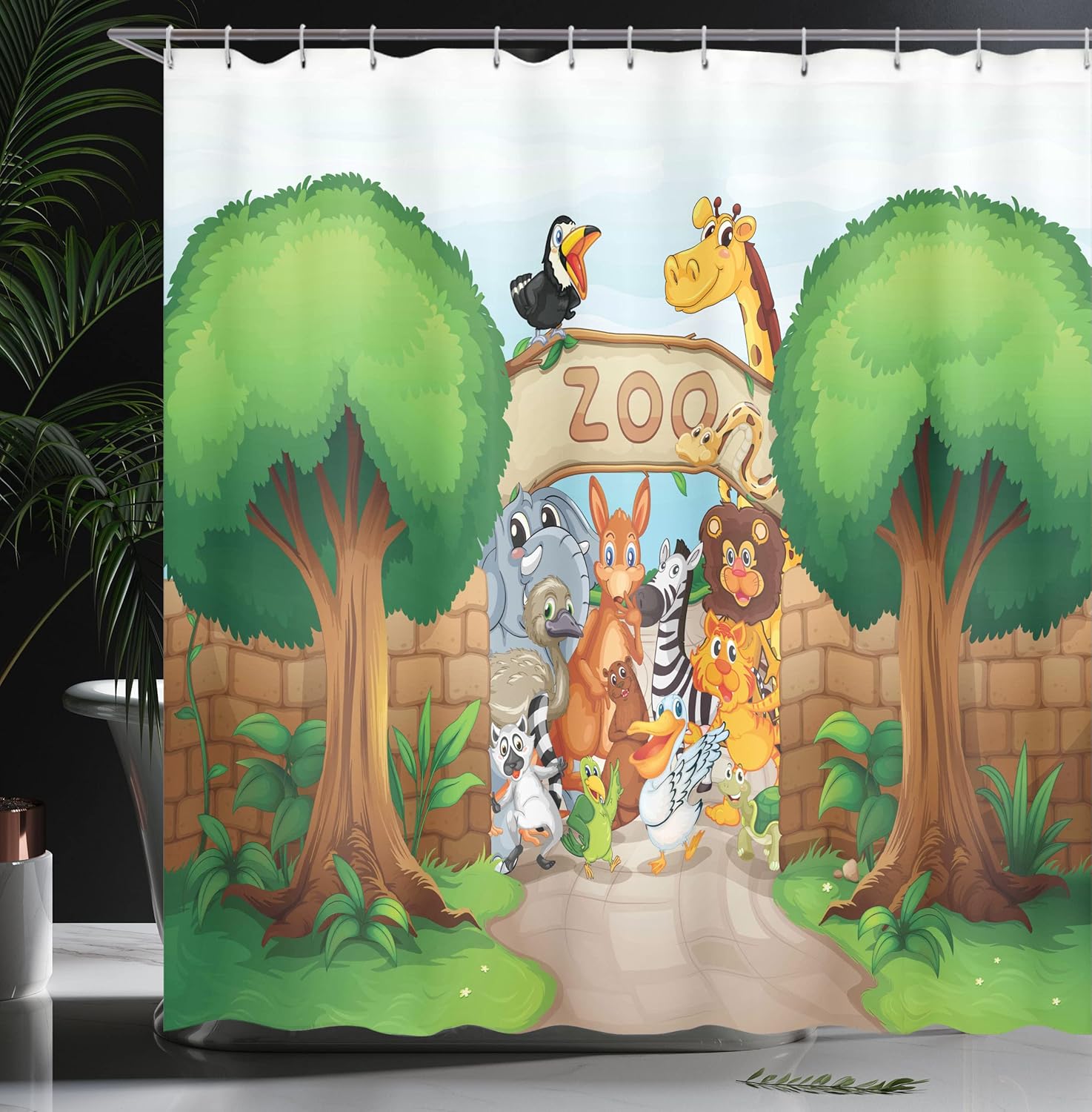 Ambesonne Cartoon Shower Curtain, Zoo Entrance Giraffe Leon Pelican Zebra Monkey Tiger Welcoming Graphic, Cloth Fabric Bathroom Decor Set with Hooks, 69" W x 75" L, Pale Brown