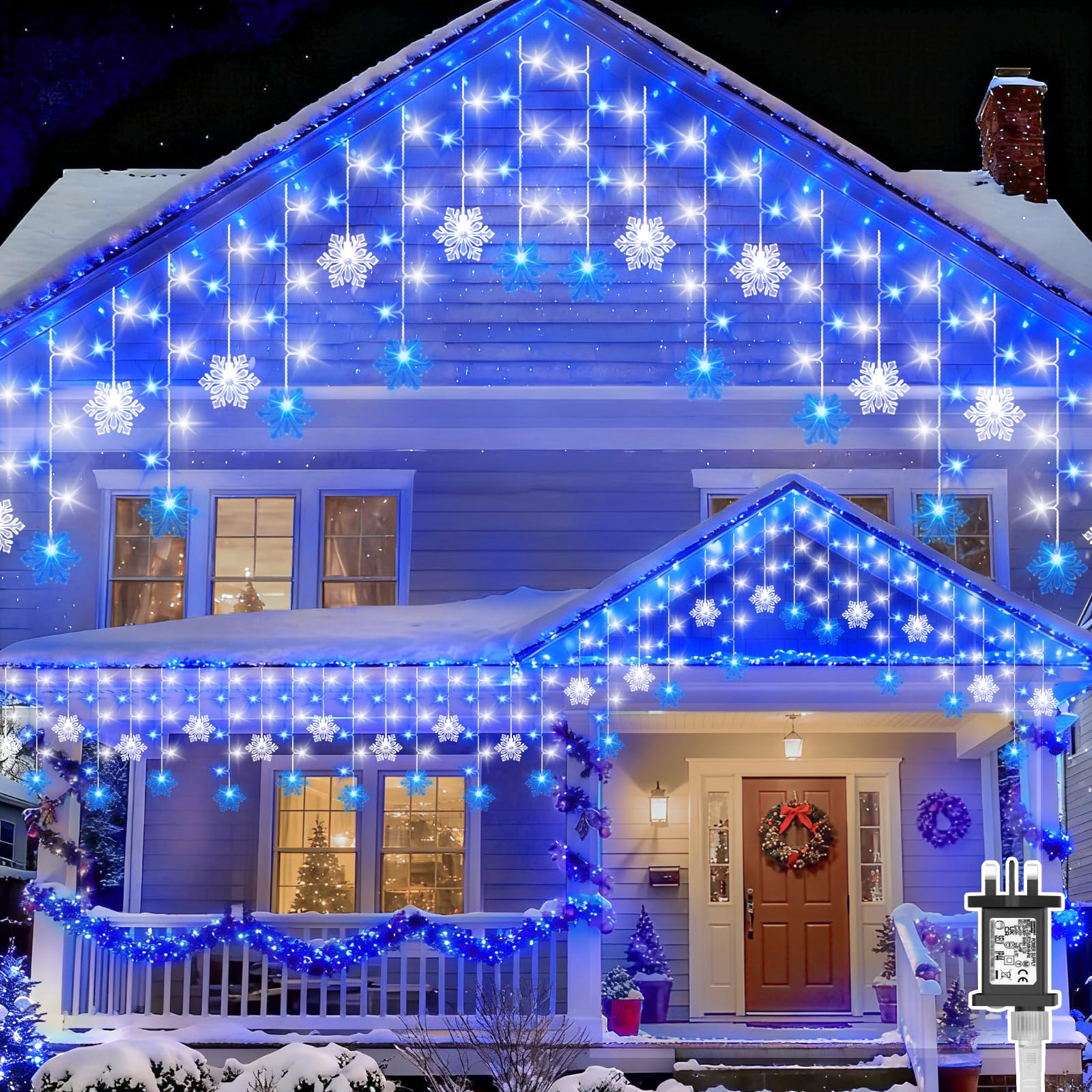 Icicle Lights Outdoor,Gcstnn 10M 240LEDs Snowflake Icicle Christmas Lights Mains Powered with Timer Waterproof Hanging Fairy Light for Outside House Gutter Roof Window Wall Xmas Decorations-Blue white
