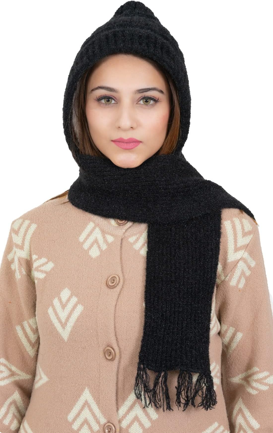 - Women Warm And Soft Winter Woolen Muffler Cap, Attached Scarf Cap Combo For Girls and Women (Classic Plain)