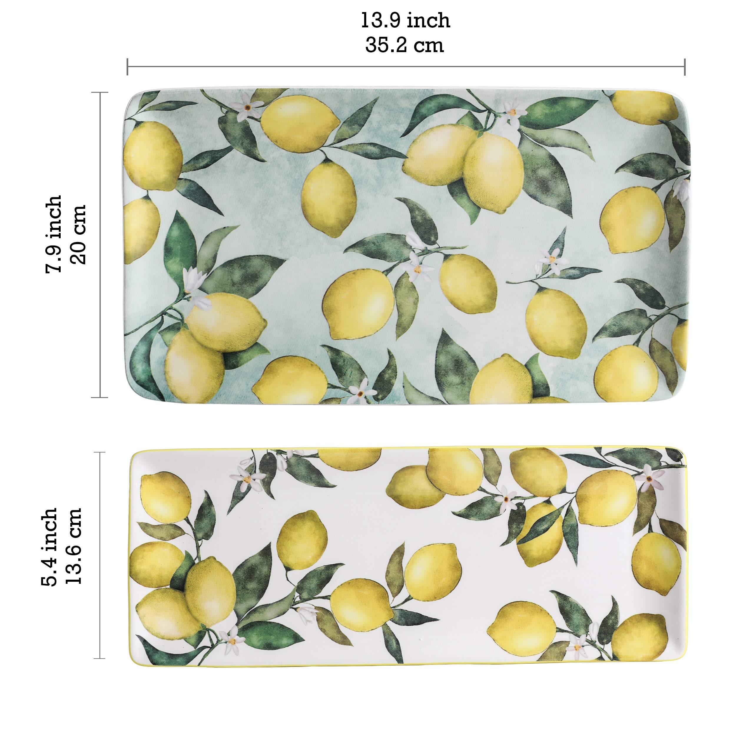 Bico Lemon Dreams Ceramic 14 inch Rectangular Serving Platter, Set of 2, for Serving Salad, Pasta, Cheese, Ham, Appetizer, Microwave & Dishwasher Safe