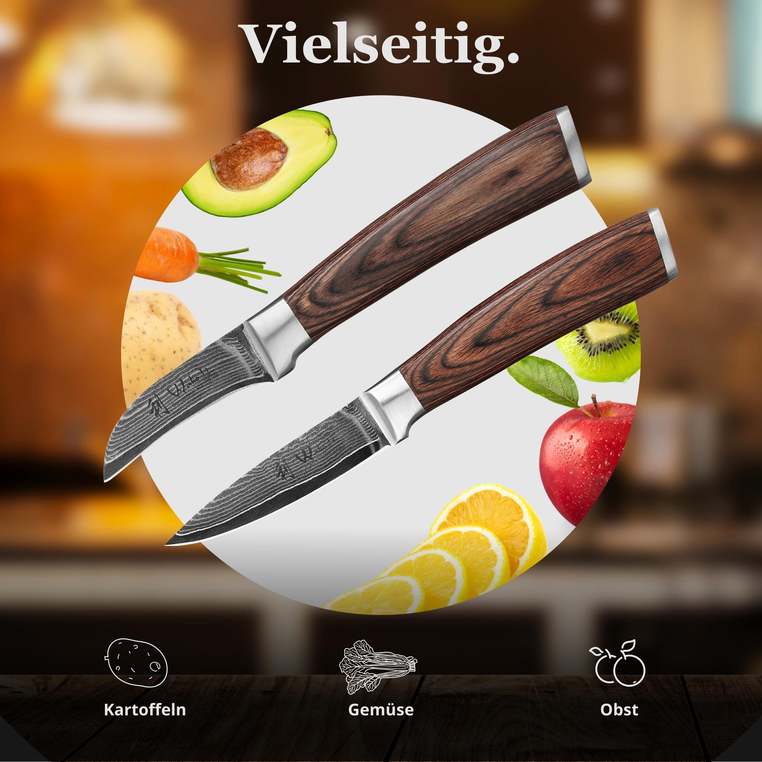 Wakoli EDIB 2 teiliges Küchenmesser Set aus Damaststahl, VG10 Kern, Schälmesser 6 cm gebogen und Officemesser 8,5 cm, Pakkaholzgriff, jeweils in Geschenkbox