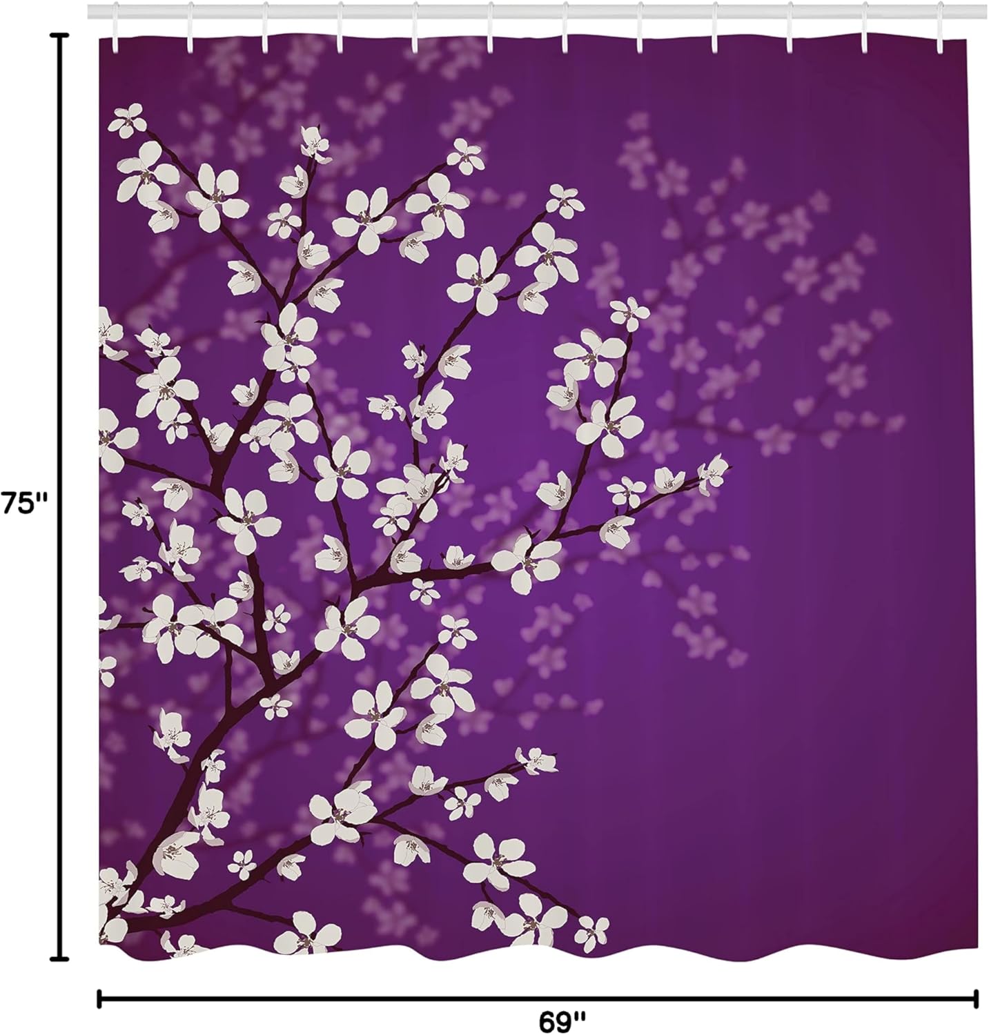 Ambesonne Japanese Shower Curtain, Spring Season Sakura Bloom Design Romantic Cherry Blossom on Blurry Branches, Cloth Fabric Bathroom Decor Set with Hooks, 69" W x 75" L, Purple and White