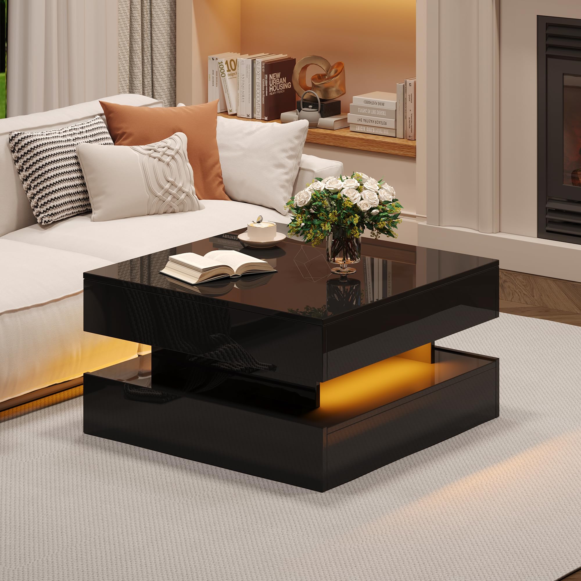 65 x 65 x 38,5 cm elevable mesa de salón auxiliar, mesa de centro brillante con barra de luz LED, mesa de sofá con 2 cajones, color negro