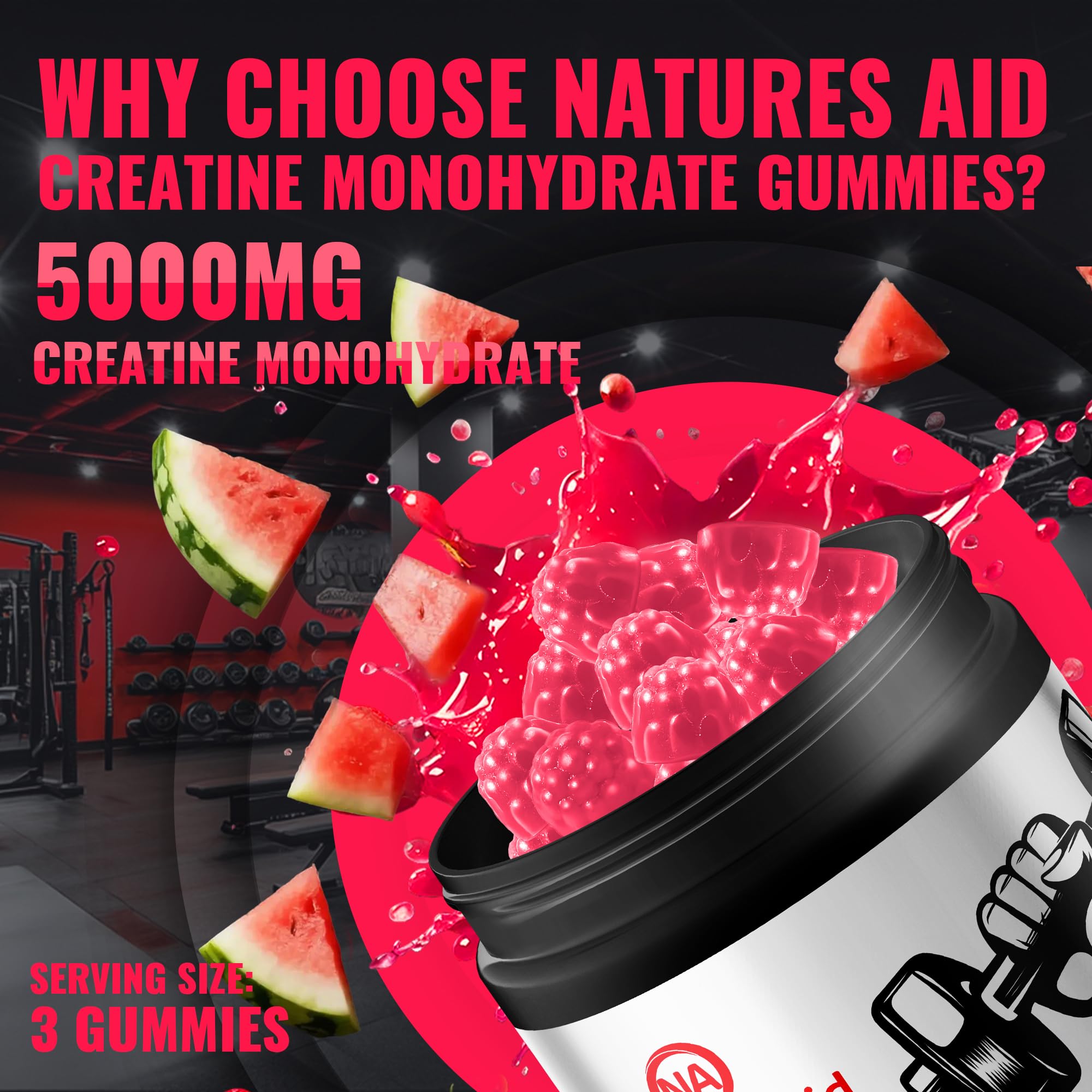 Natures Aid NSF Certified Creatine Monohydrate Gummies for Men & Women, Watermelon 135CT — Amazon image 2