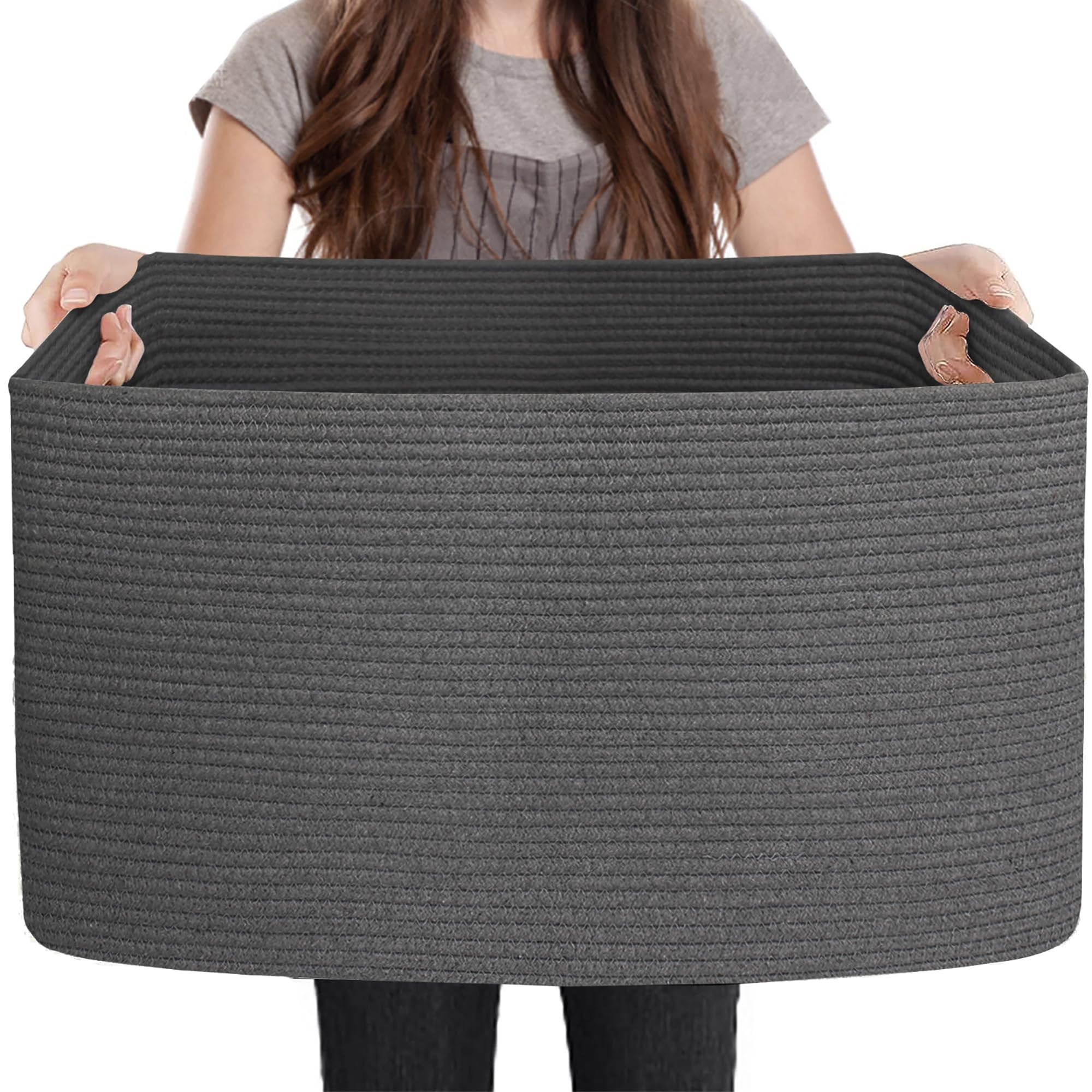 MEGASKET Extra Large Rope Basket, 23.6" x 15.7" x 14.1" Rectangle Wicker Baby Laundry Basket, Kids Toy Storage Baskets, Woven Basket for Blankets Clothes Pillows, Laundry Room Organization, Dark Grey