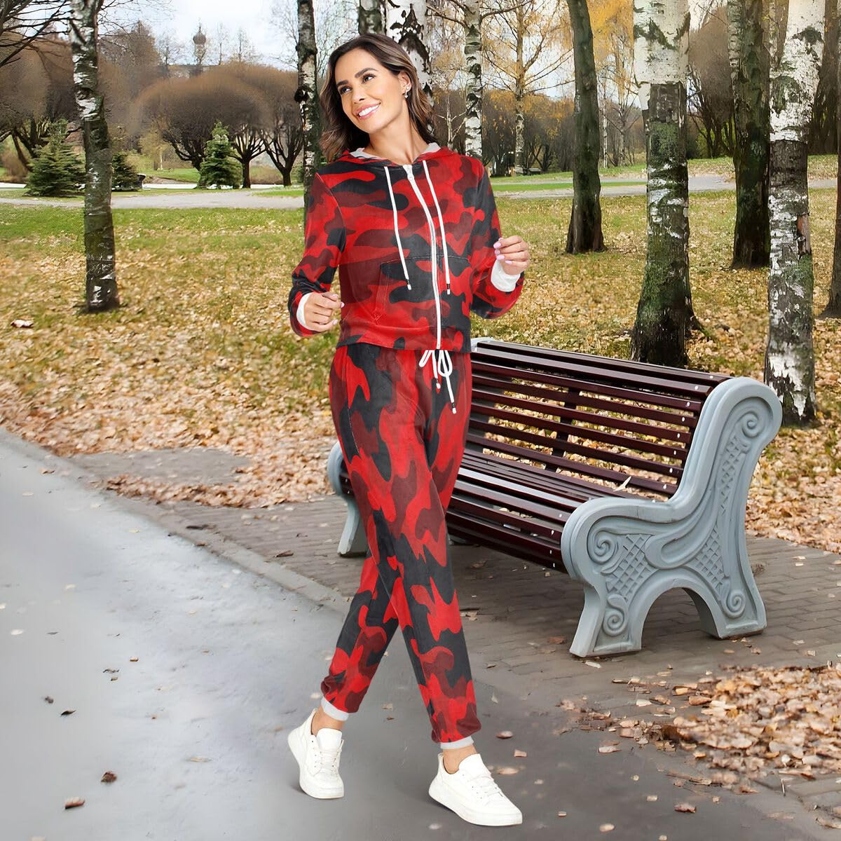 Conjunto deportivo de 2 piezas para mujer, diseño de camuflaje militar rojo, manga larga, conjunto deportivo de camuflaje