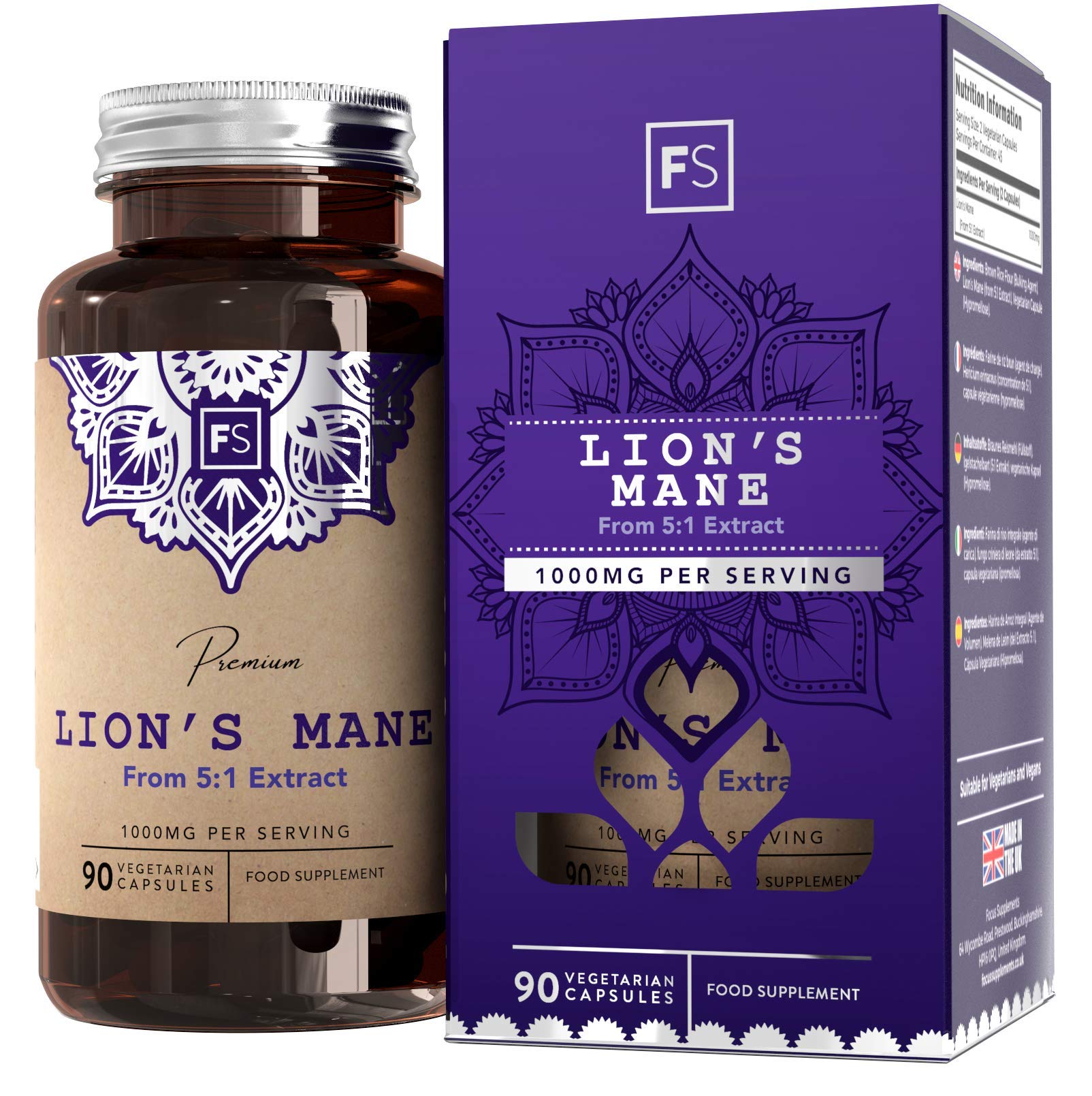 FS Lions Mane Mushroom Complex Supplement | 1000mg Lion's Mane Per Serving | 90 Vegan Capsules | High in (β) Beta Glucan Polysaccharides | Non GMO | Gluten, Dairy & Allergen Free | Made in The UK