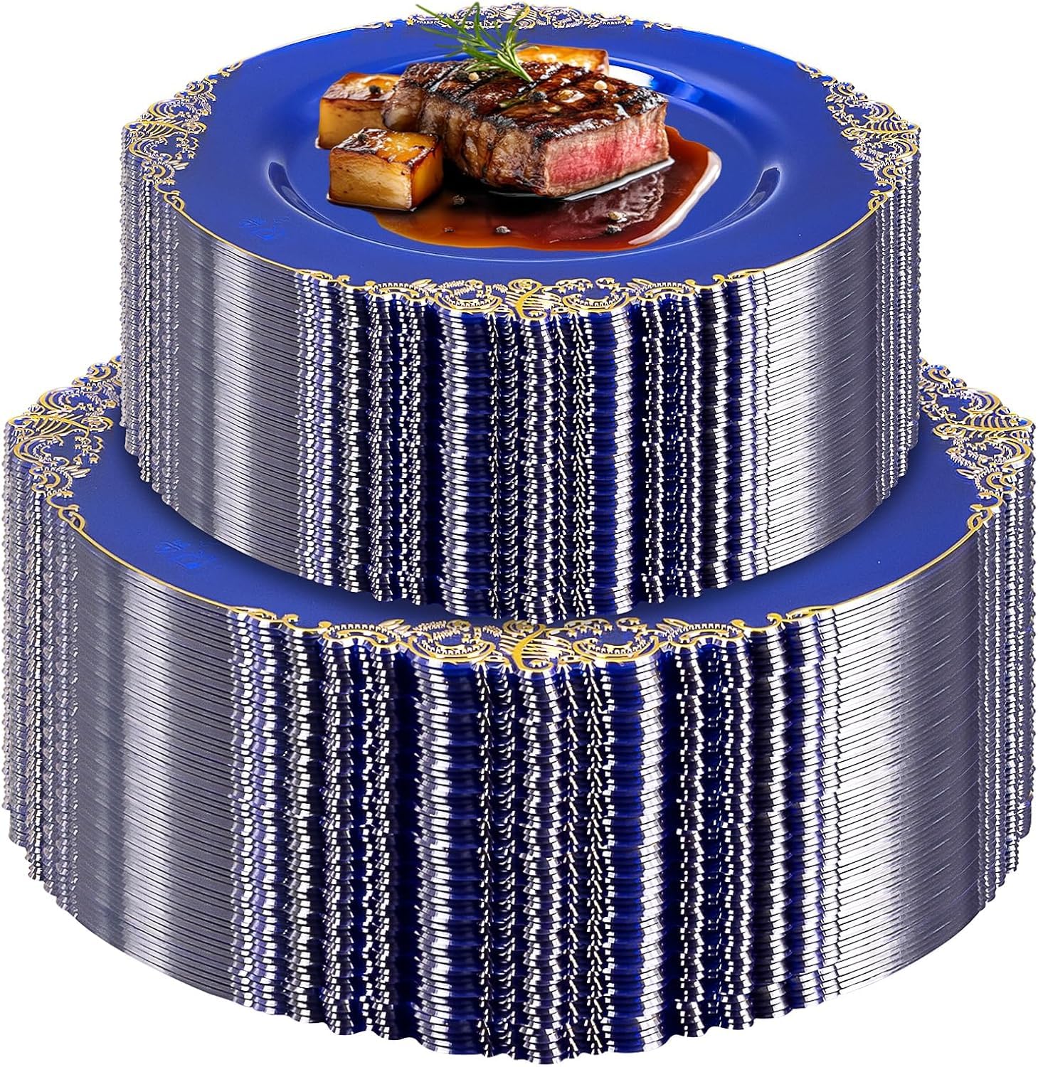 KDXBQ 102 PCS Plastic Plates with Gold Rim for 51 Guests, 51 Pcs 26 cm Dinner and 51 Pcs 19 cm Dessert/Salad Plates, Ideal for Party, Wedding and Dinner (Blue Gold)