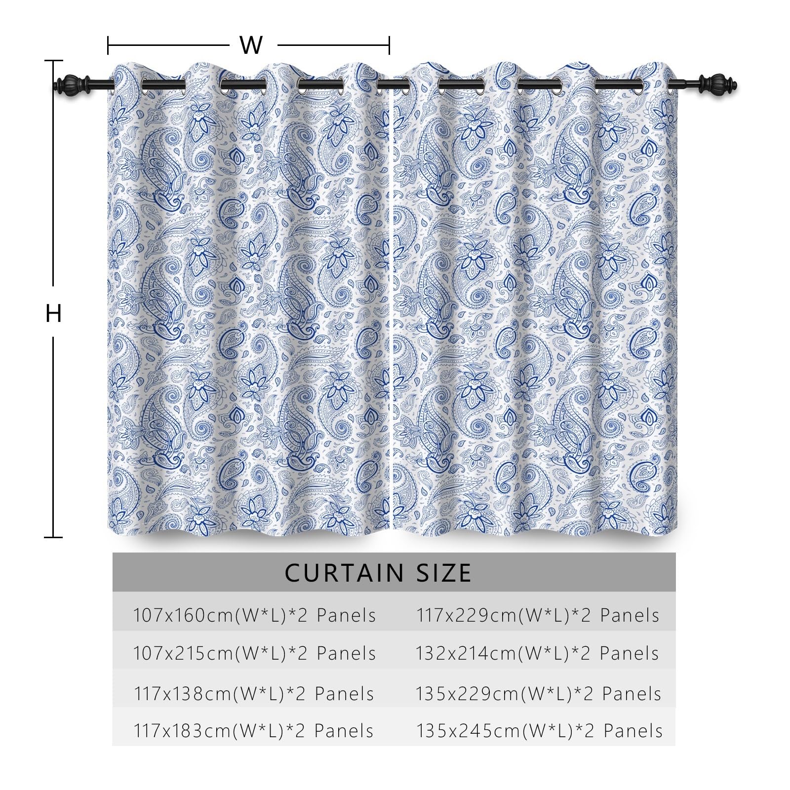 135x245cm Rideau à œillets Paisley Bleu Vintage Damassé Fleuri Feuilles Motifs Bohème Ferme Isolation Séparations de pièces Occultant Rideaux pour fenêtres Chambre Salon,2 Panneau