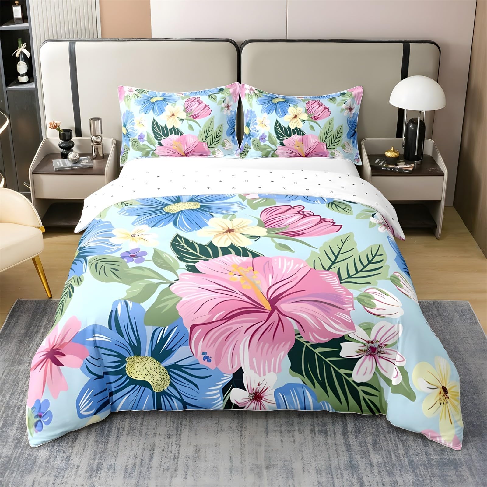 Funda Nordica Cama 90 Infantil Flores Tropicales Ropa de Cama Azul Claro Microfibra Suave y Cómoda con Cremallera Funda Edredon 150x200-2 Fundas Almohada 50x75 QA1010