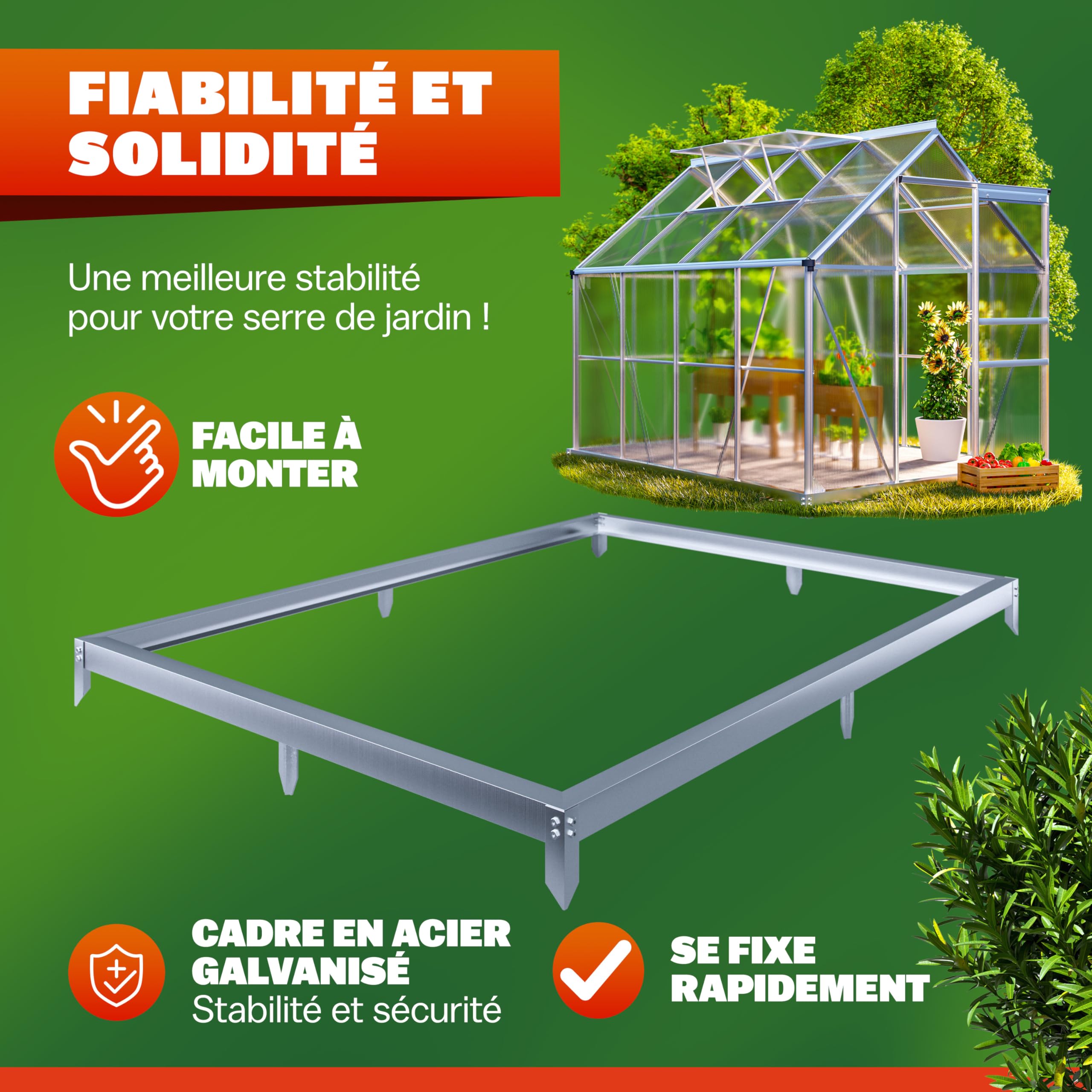 Gardebruk® Fondation Serre de Jardin 250x190cm Acier Inoxydable Cadre Acier matériel Montage Fixation Sol embase Serre Aluminium Polycarbonate
