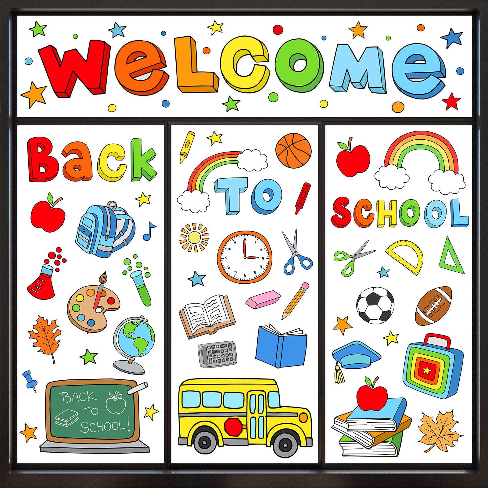 AnyDesign 9 Sheets Back to School Window Clings Colorful Apples School Bus Blackboard Double-Sided Window Stickers for First Day of School Party Supplies School Home Wall Glass Blackboard Decorations