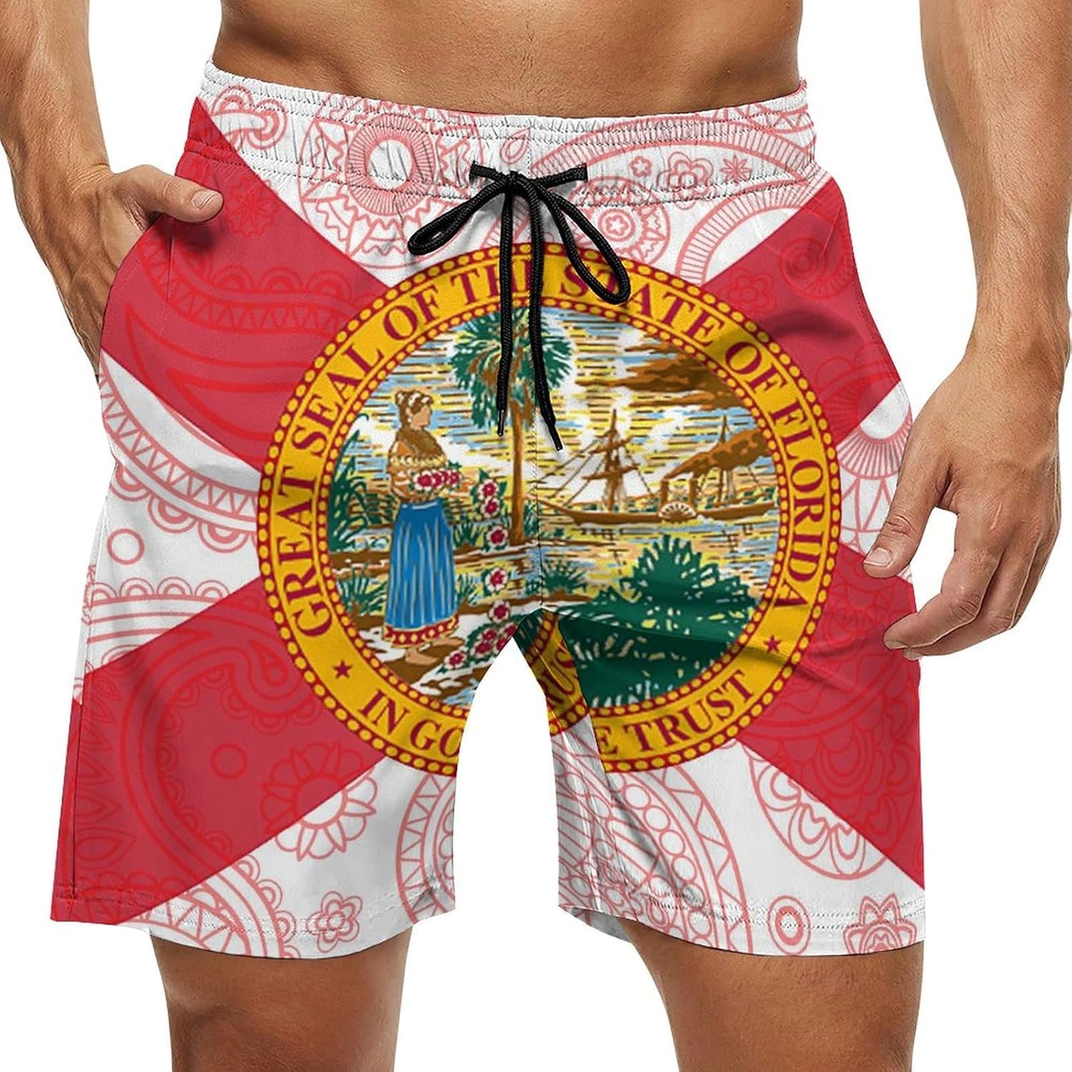 Florida State Flag Paisley Pattern Casual Men's Swim Trunks Novelty Summer Beach Shorts Swimwear with Pocket