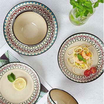 Dinner Plate 18-Piece Kitchen Dinnerware Set Retro Geometric Pattern Dinner Plate Sets Elegant Ceramic Dinnerware Set, Reactive Glaze, Service for 6 Tray