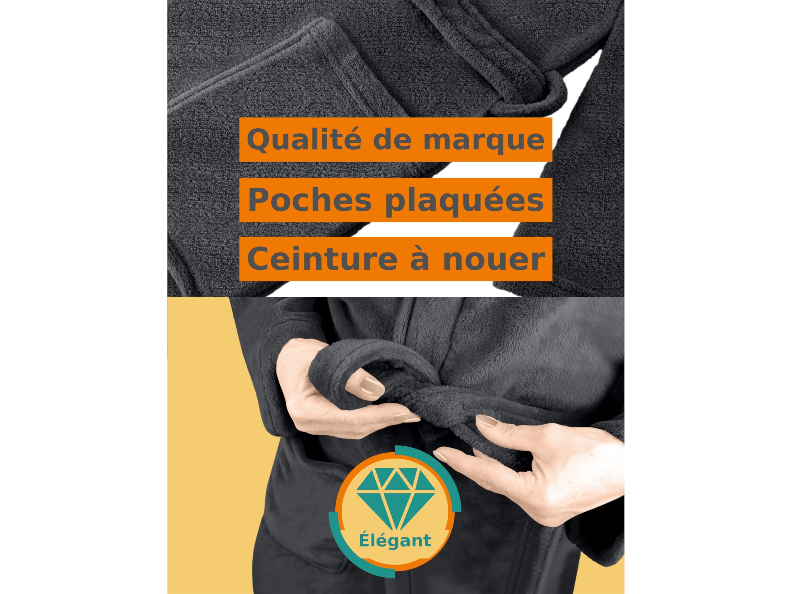 npluseins Peignoir de bain en polaire moelleuse avec col châle – Femme & Homme, XXL, Anthracite