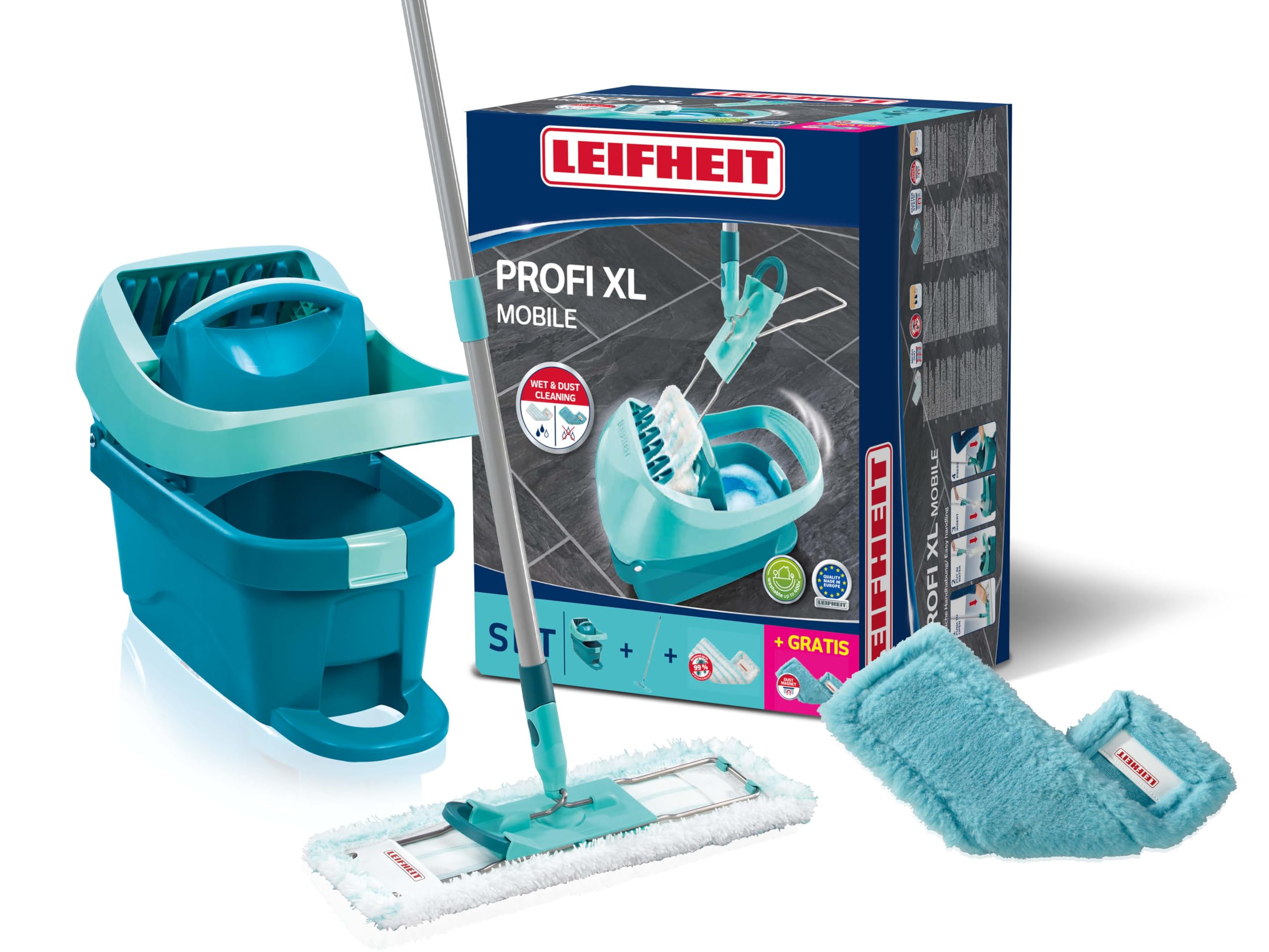 Leifheit Profi XL Mop and Bucket Set, Static Plus Wiper Cover, Deluxe 42cm Microfibre Mop Head and Dusting Head, Profi Wringer Bucket with Rollers, Turquoise