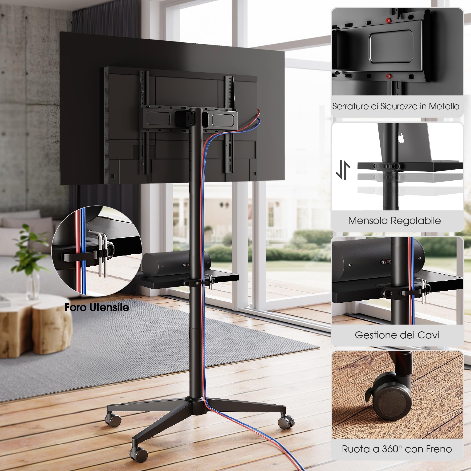 AOKCOS Carrello Porta TV 174cm Inclinabile, 32-65 Pollici Supporto TV da Pavimento Altezza Regolabile, Porta TV da Terra Max VESA 400x400mm 40kg