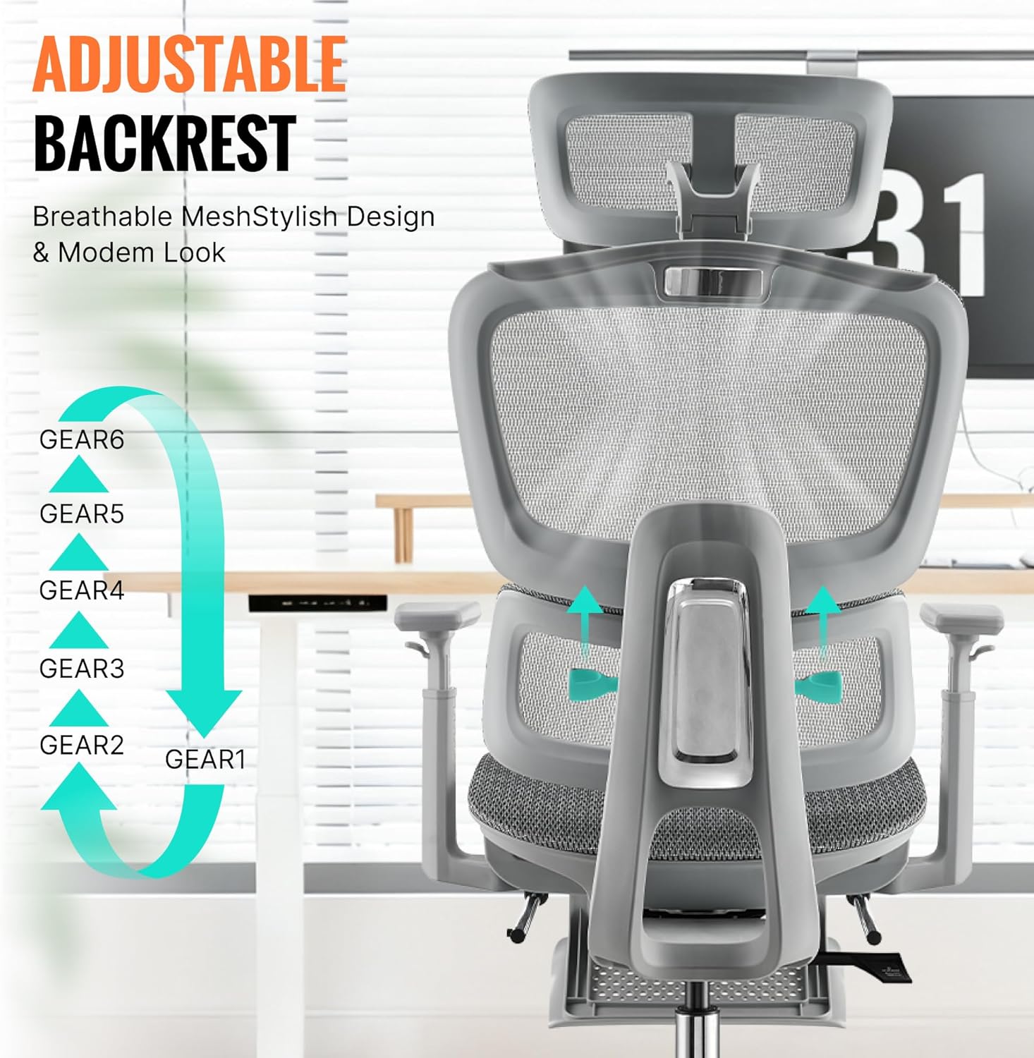 Ergonomic Mesh Office & Gaming Chair with Footrest, High Back Home Office Desk Chair, Comfortable Lumbar Support, 130° Tilt, Adjustable 3D Armrest & 2D Headrest (Grey) - Image 7