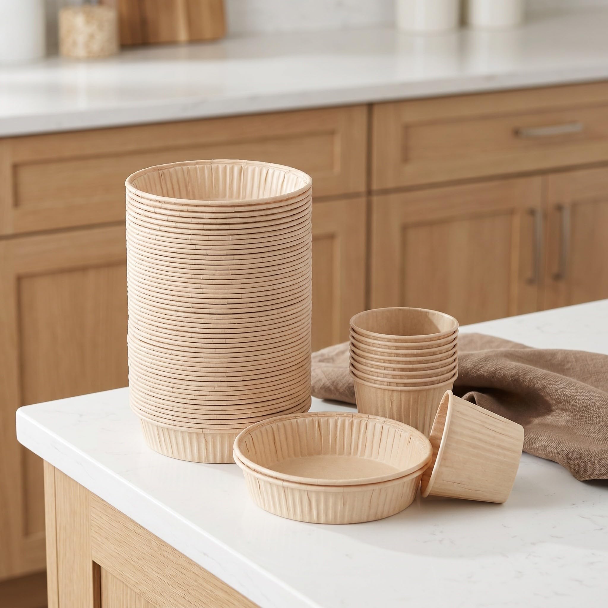 Moldes para Tartas Desechables Redondos de Papel Pergamino Beige, Aptos para Horno y Microondas, Paquete de 100 Unidades para Pasteles y Mousse en Celebraciones